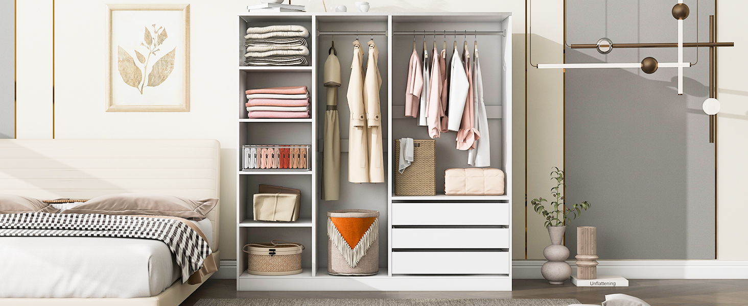 Doorless Storage Wardrobe For Dedroom With Shelves And 3 Drawers - White