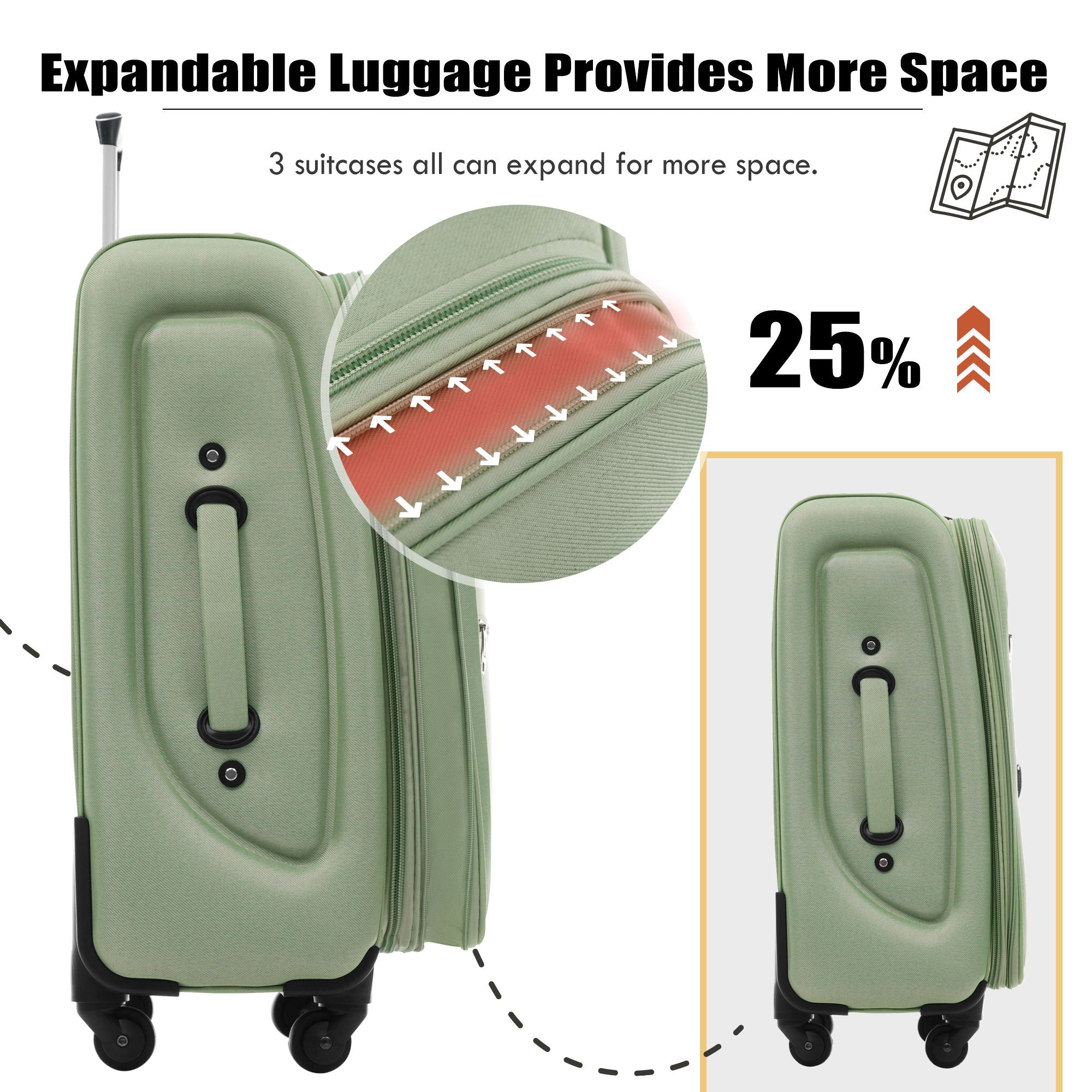 Softside Luggage Expandable 3 Piece Set Upright Spinner Lightweight Suitcase