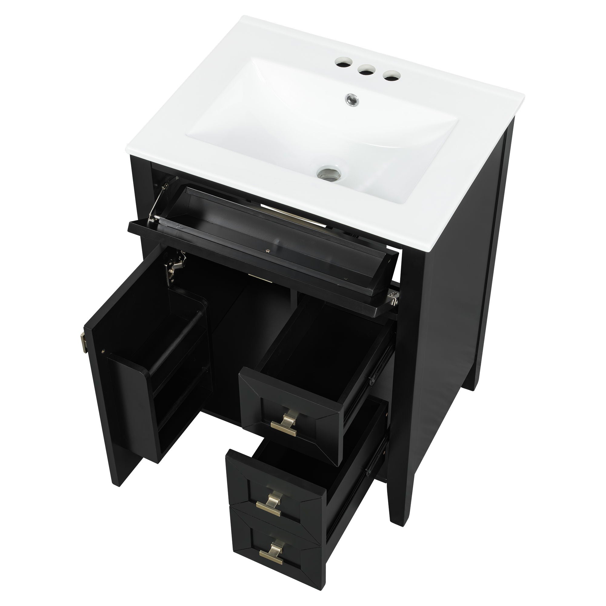 Bathroom Vanity With Sink, 3 Drawers & Cabinet With 2 Tier Door Storage Rack, Soft Close Doors & Drawers