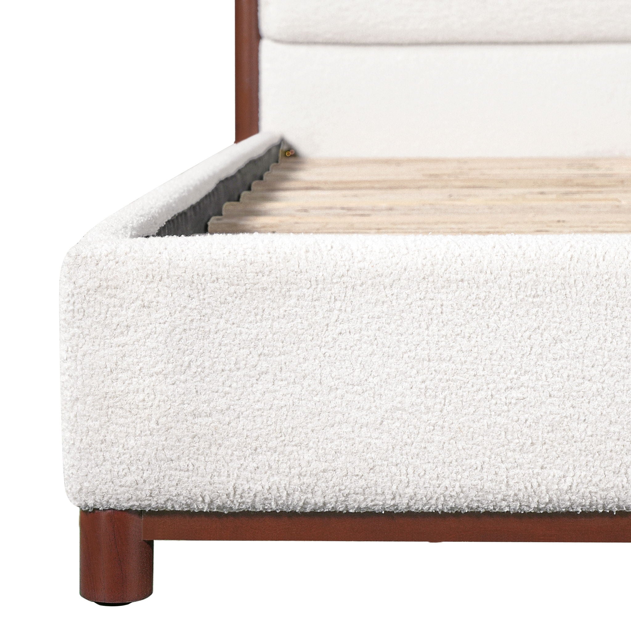 King Upholstered Bed Frame, No Box Spring Needed - Walnut / White