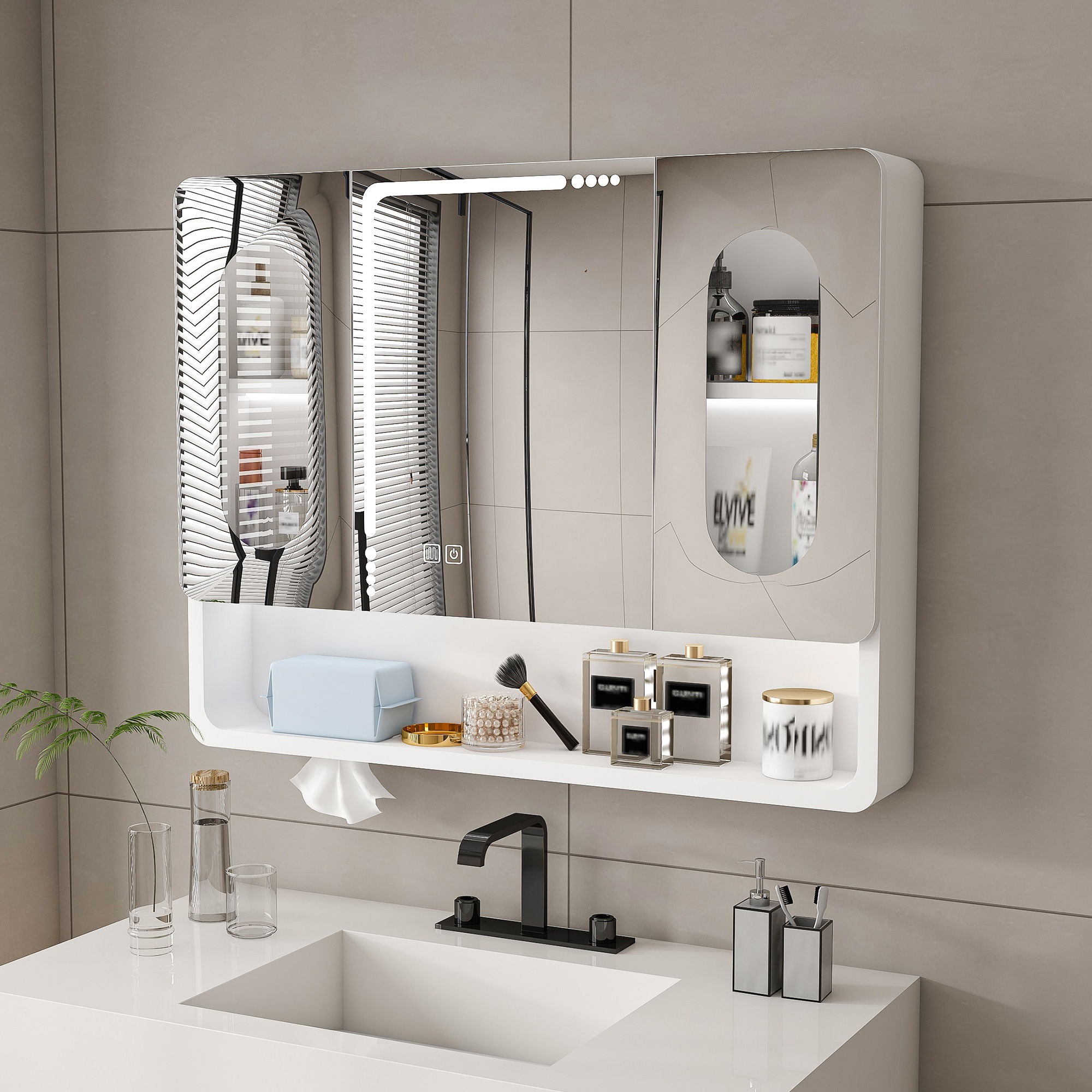 Wall Mounted Bathroom Mirror Cabinet With LED Lights, Anti Fog & Explosion Proof, Touch Control Medicine Cabinet, 3 Color Lighting - White