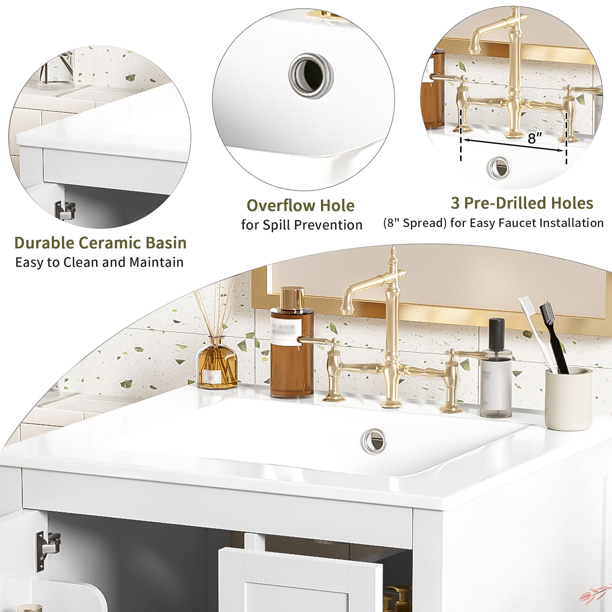 Bathroom Vanity With Sink, Soft-Close Doors, Double-Layer Shelf And 3 Drawers