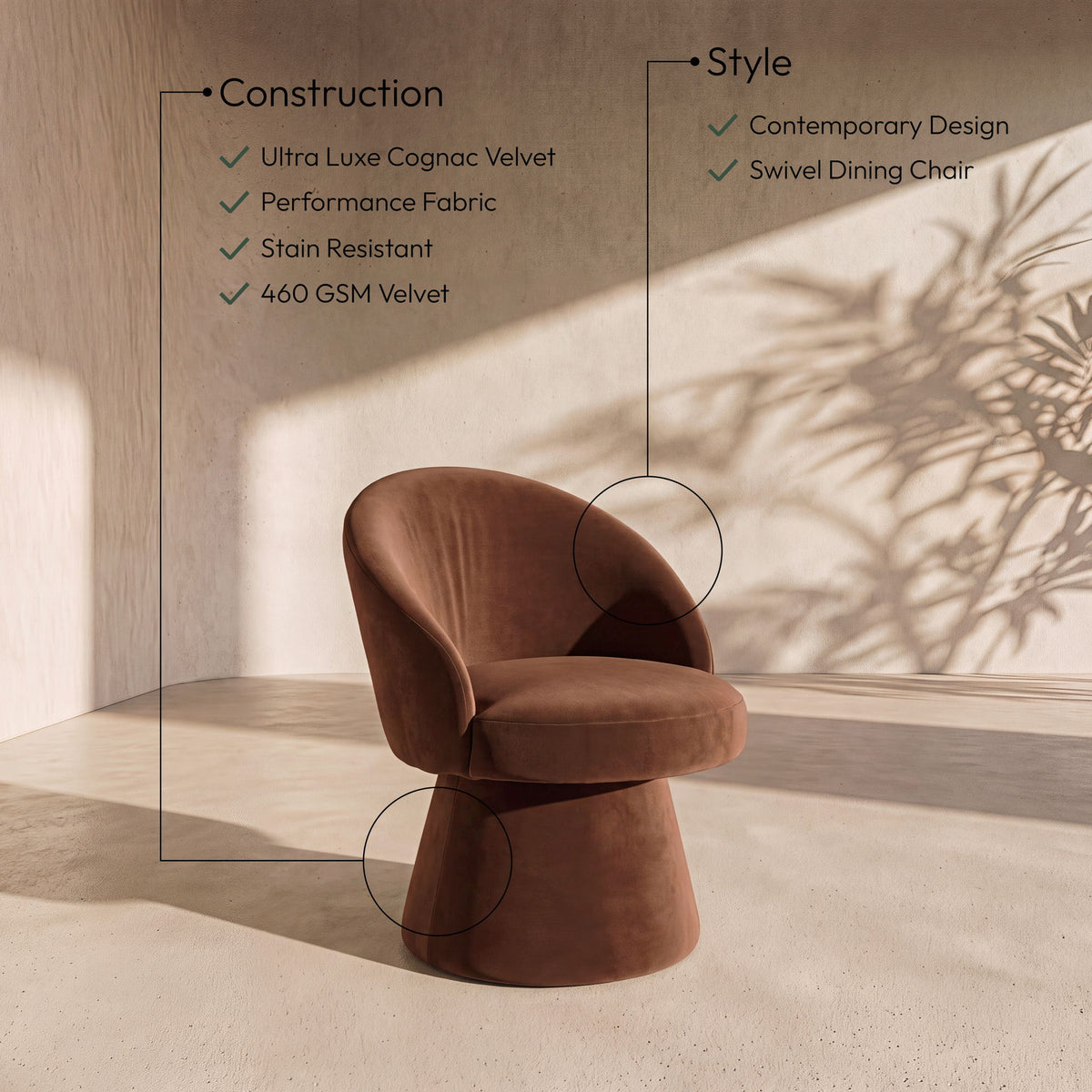 Selene - Velvet Performance Fabric Upholstered Swivel Dining Chair - Cognac