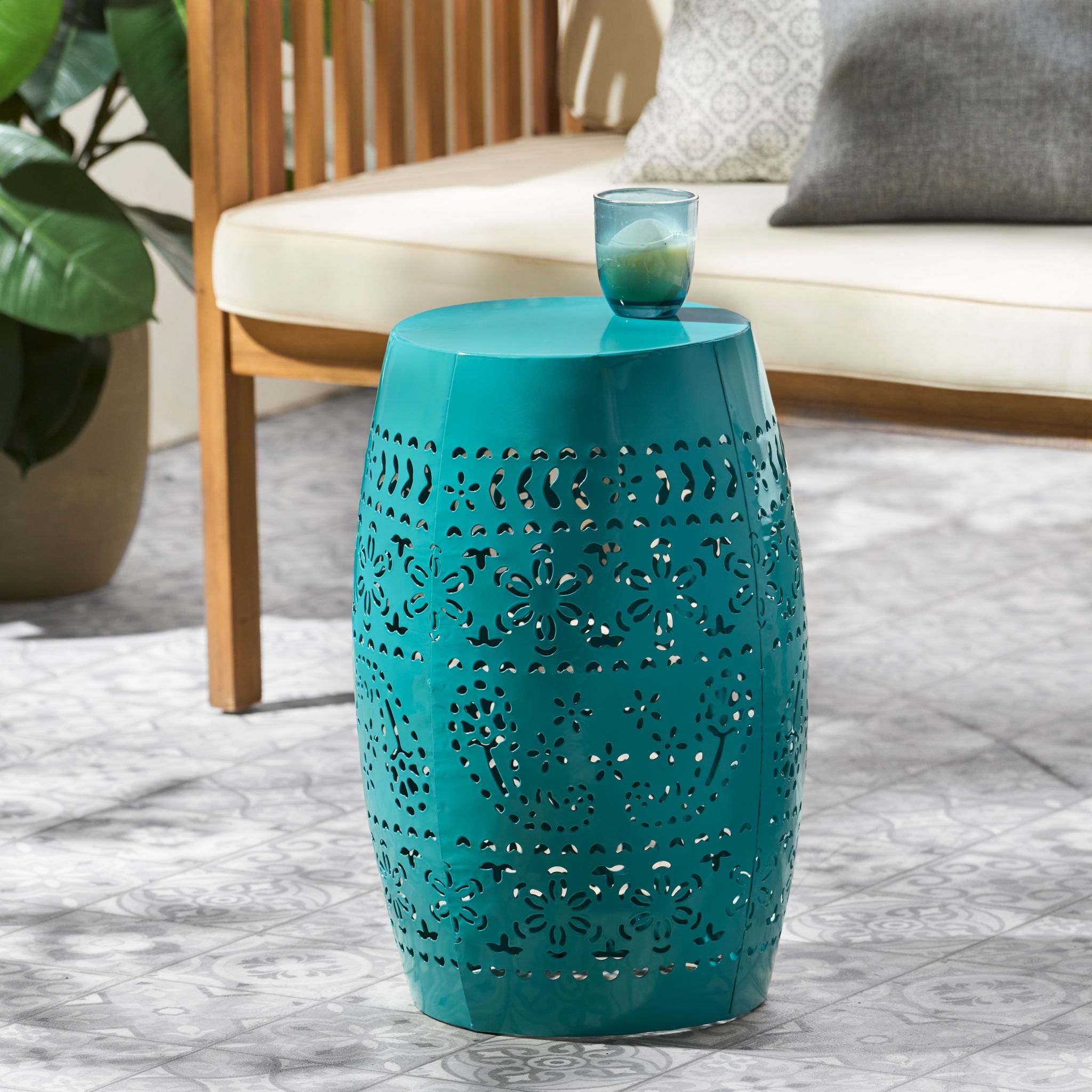 Outdoor Lace Cut Side Table - Teal