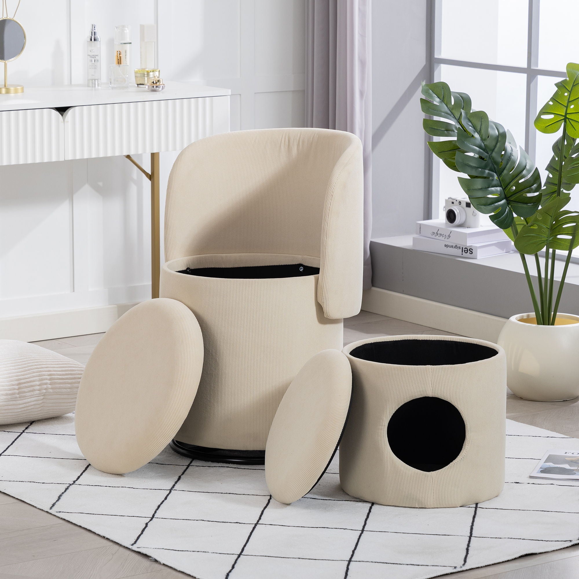 Barrel Chair, Built In Storage, 360° Swivel - Beige