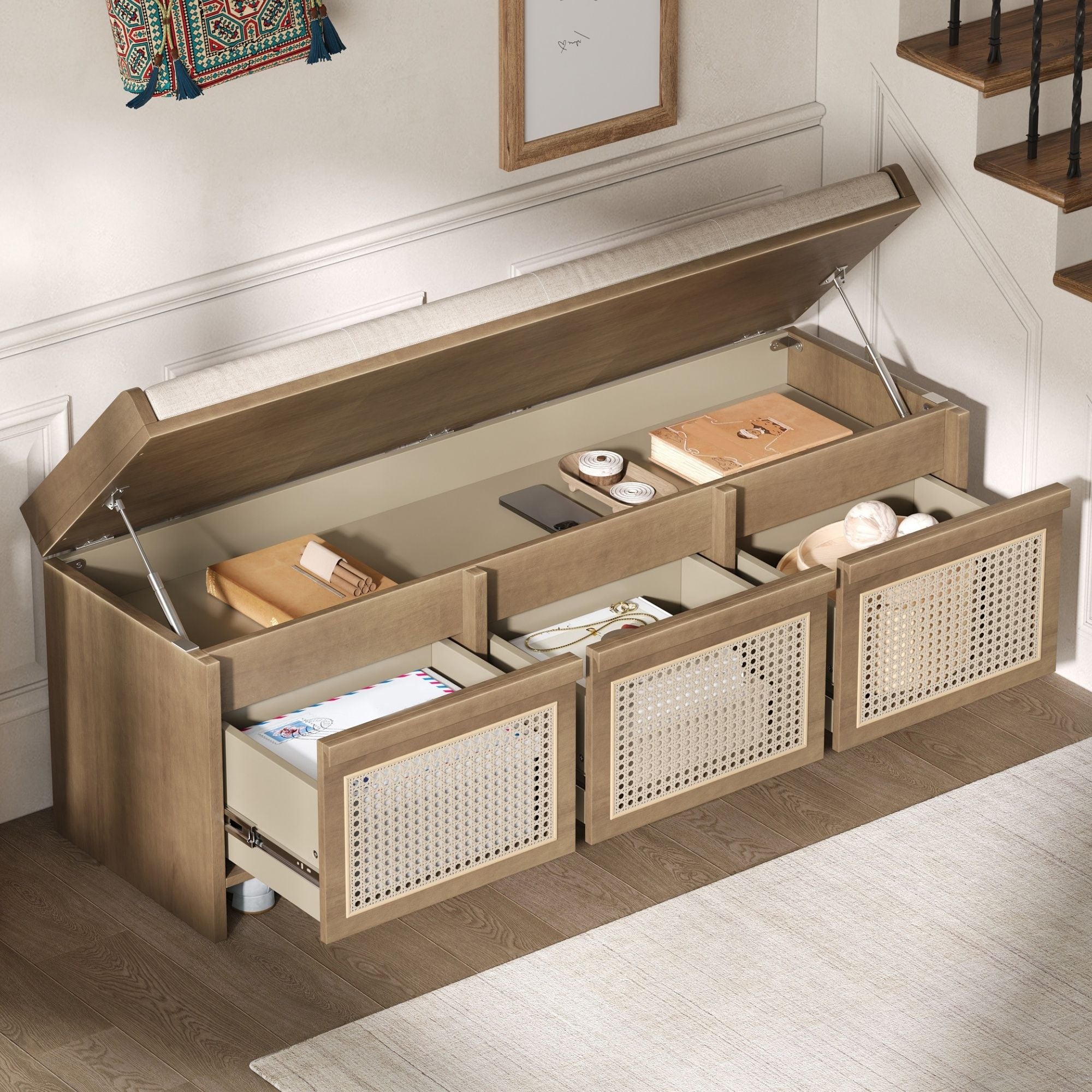 Entryway Shoe Bench With Drawers & Button Tufted Cushion