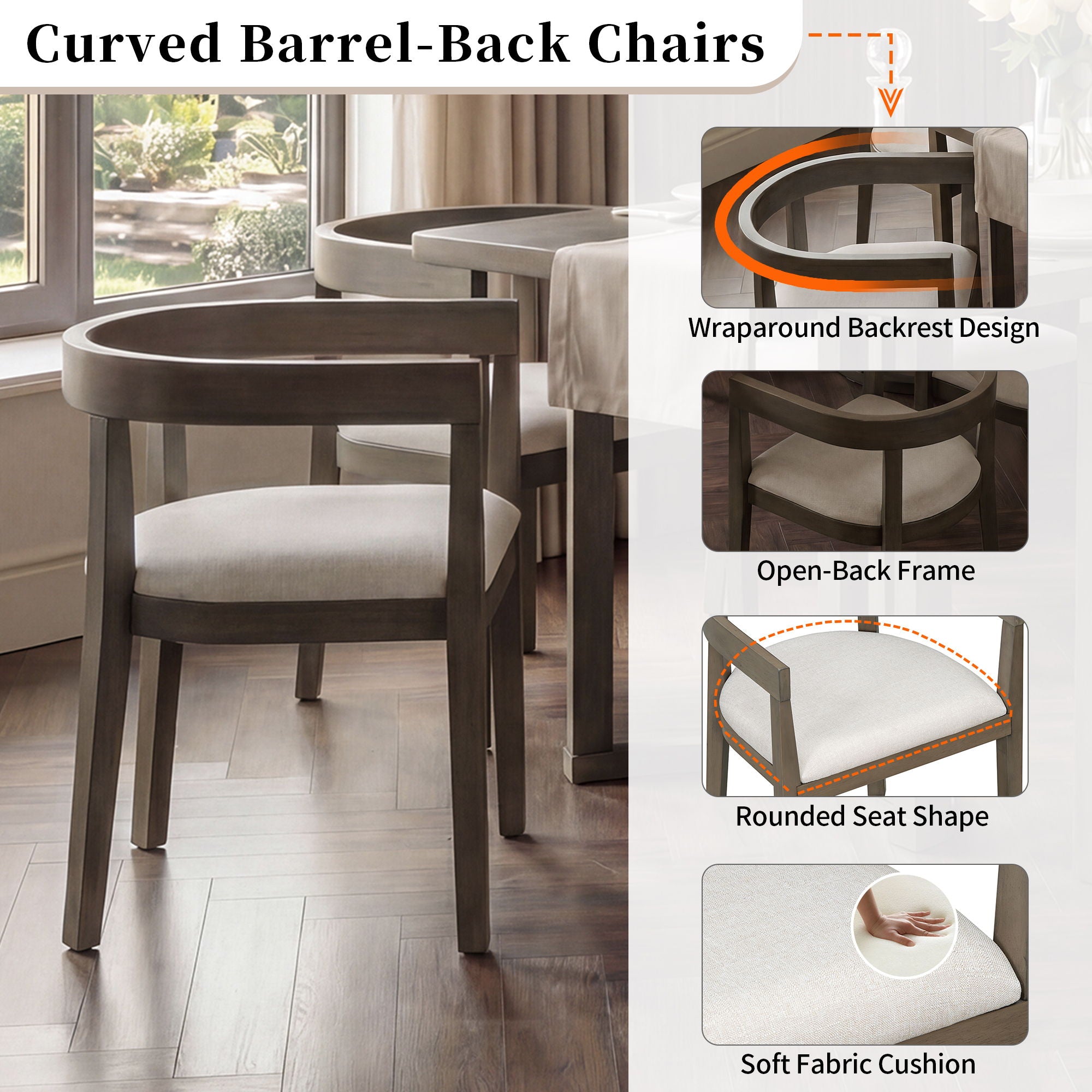 Rectangular Dining Table Set For 6 With Upholstered Barrel Back Chairs