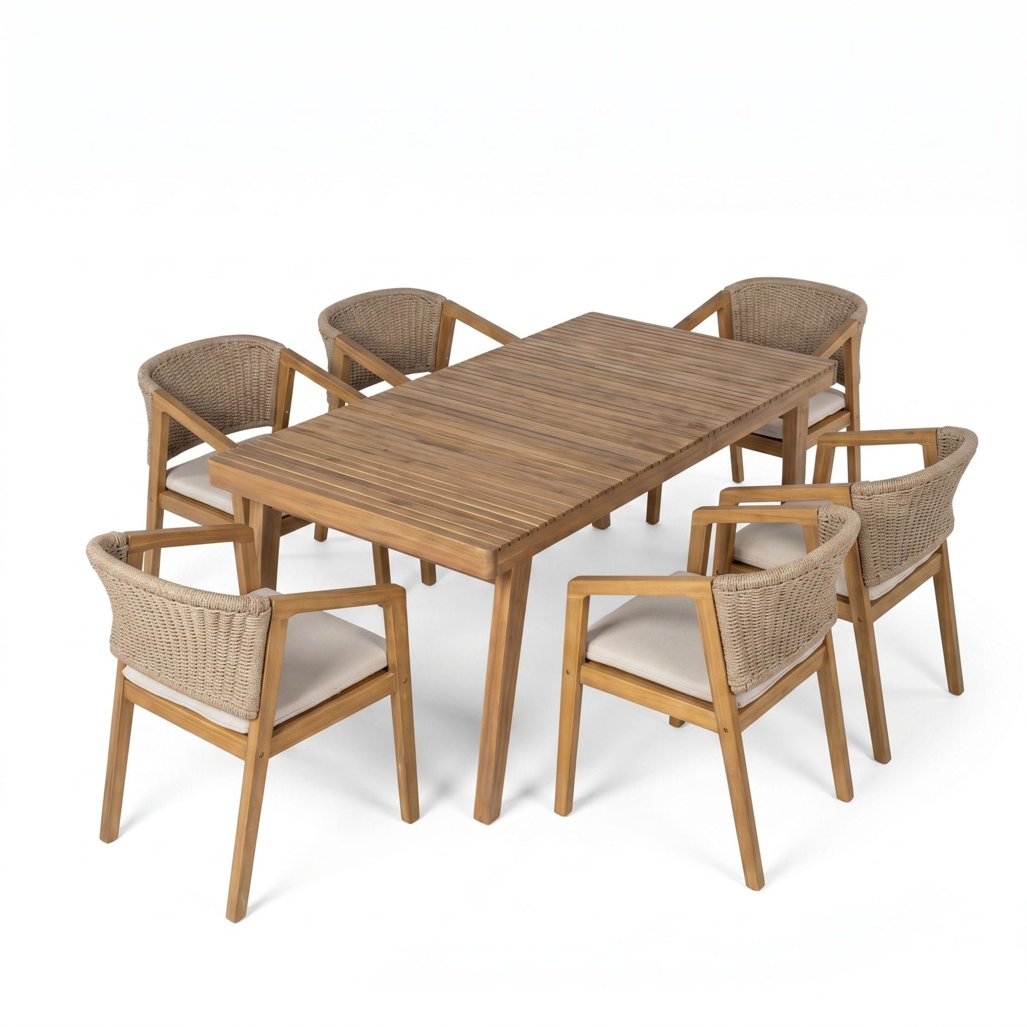 7 Piece Outdoor Dining Set With Rectangular Table And 6 Arm Chairs - Beige / Brown / Brown Mix / Light Teak
