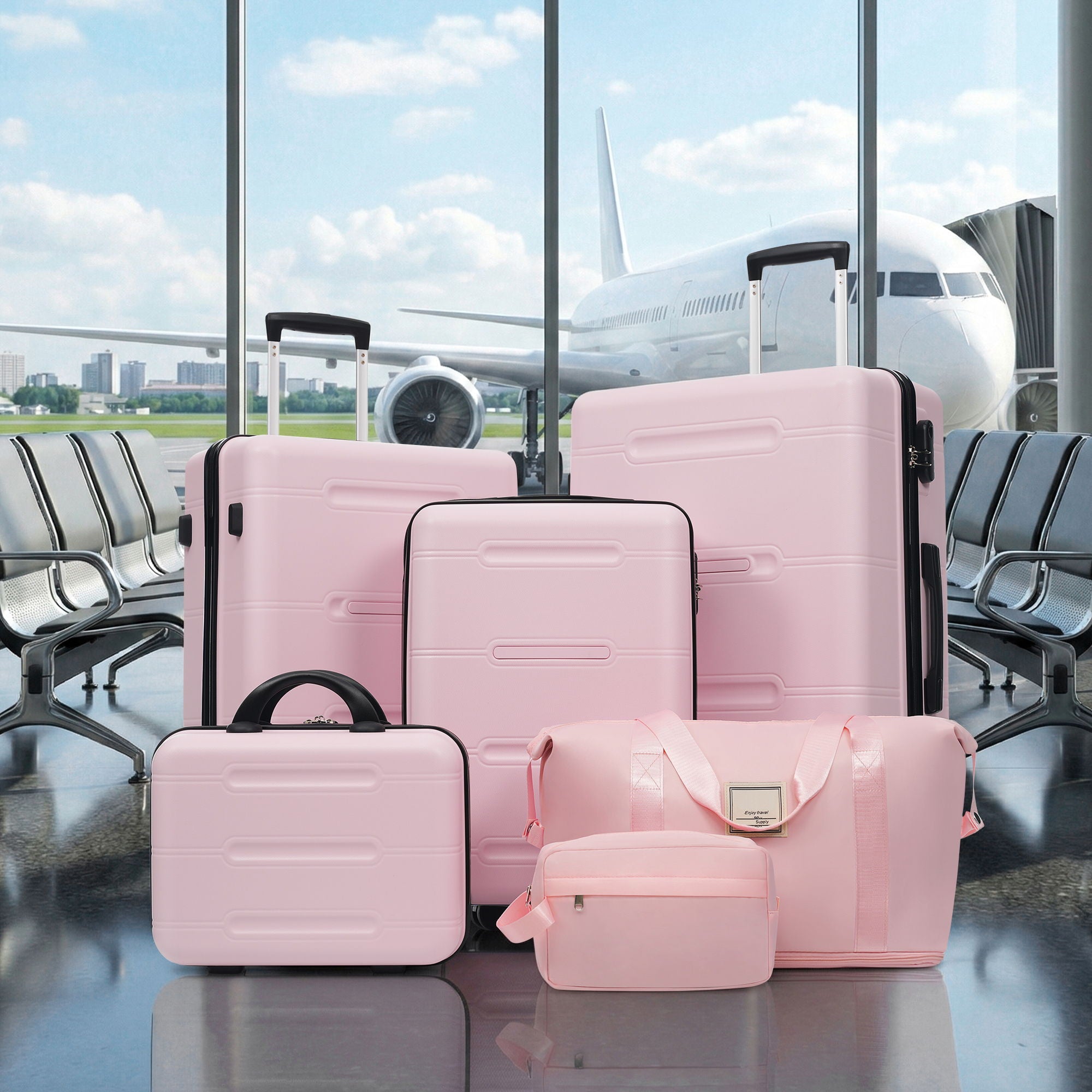6 Piece Lightweight Hardshell Luggage Set With Double Spinner Wheels, Password Lock