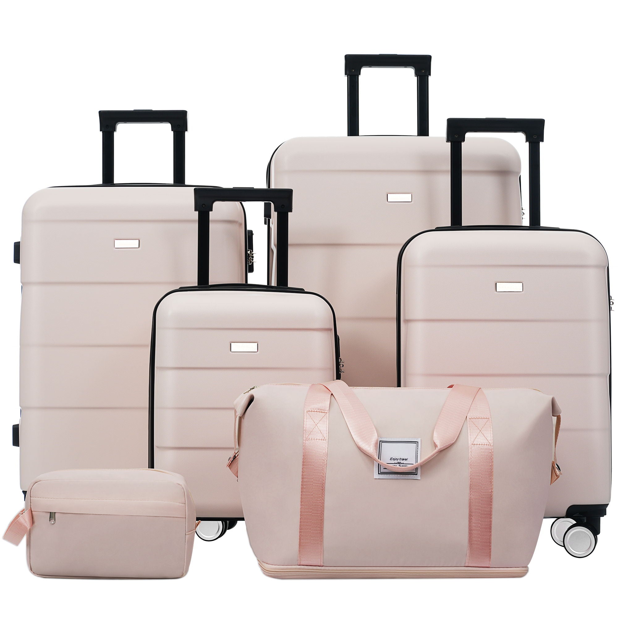 Hardshell Luggage Set 6 Piece With Duffel & Toiletry Bag, Lightweight Spinner Wheels, 16" / 20" / 24" / 28" Suitcases - Light Pink