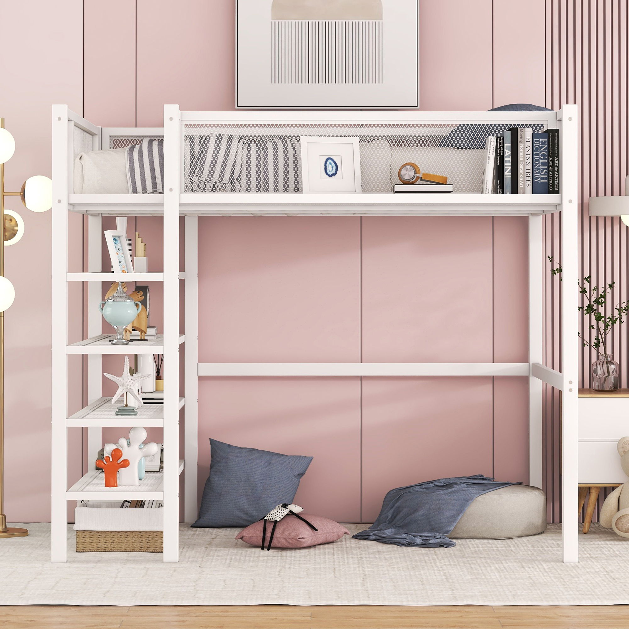 Twin Size Loft Bed With 4 Tier Shelves And Storage - White