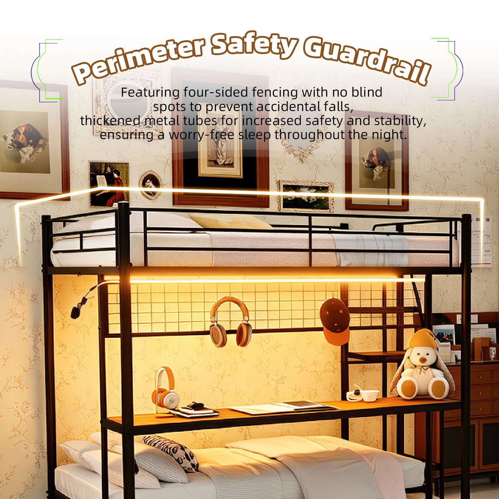 Bunk Bed With Built In Desk And LED Lighting
