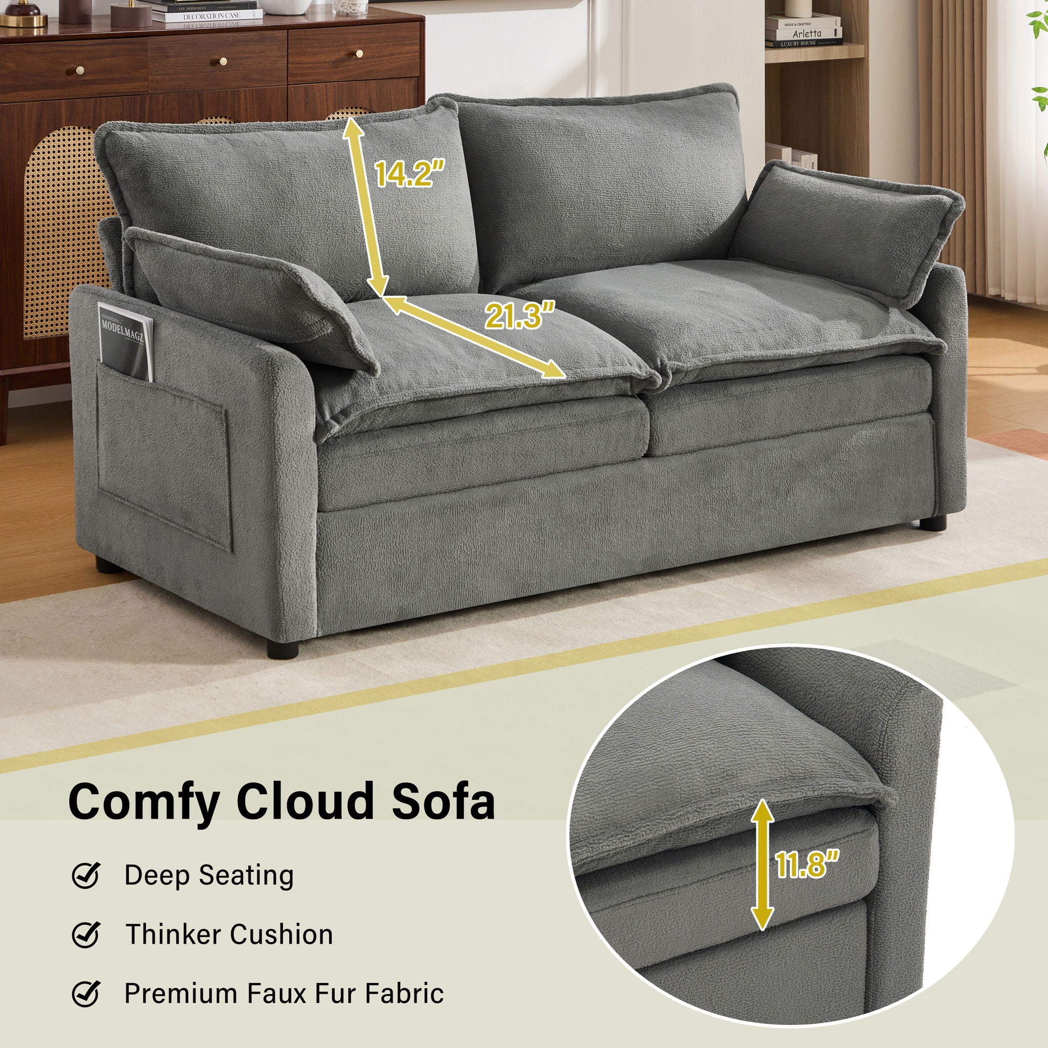 Modern Loveseat Sofa, Upholstered Couch With Side Storage Pockets