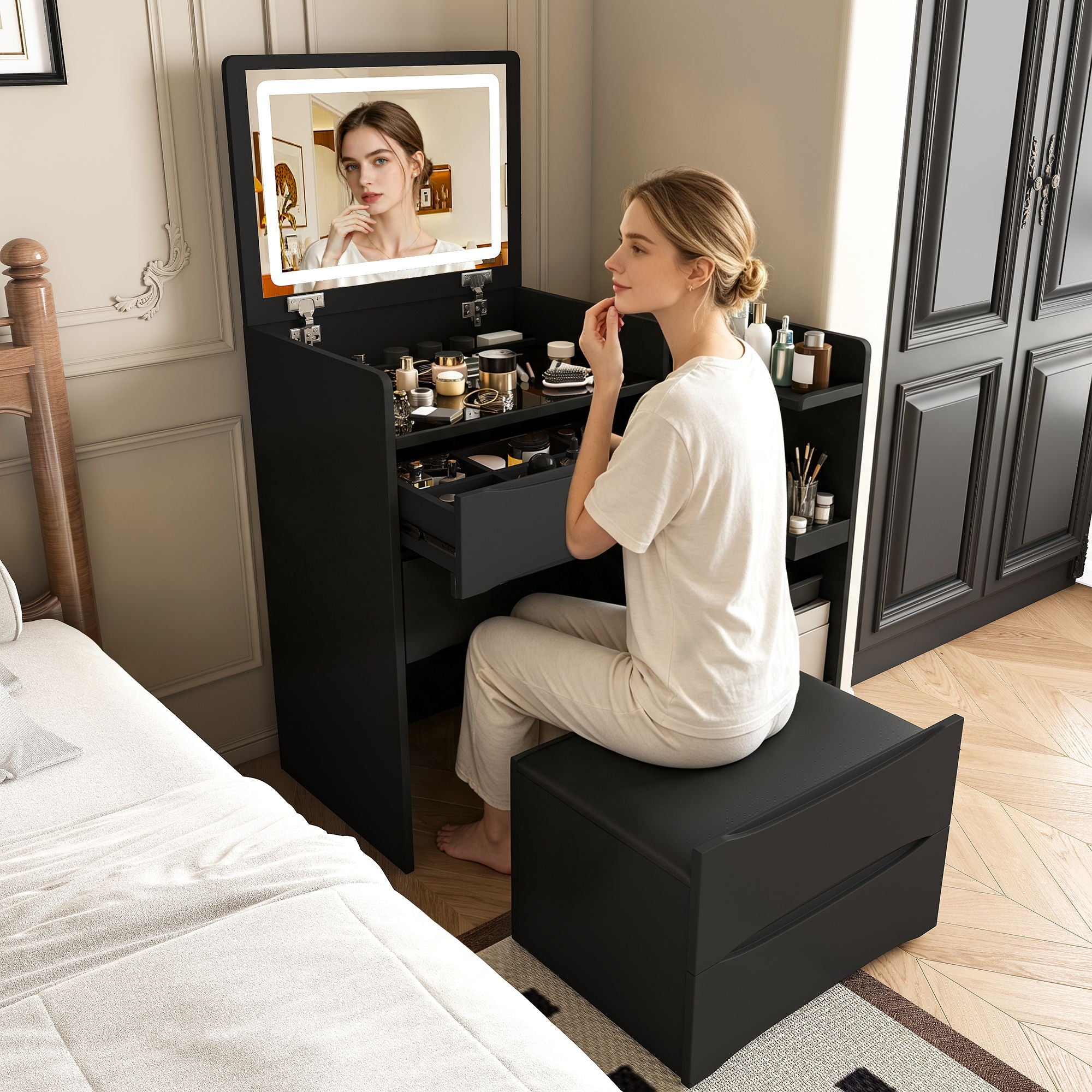 Flip Mirror Vanity Desk With Adjustable LED Lights & Stool For Bedroom