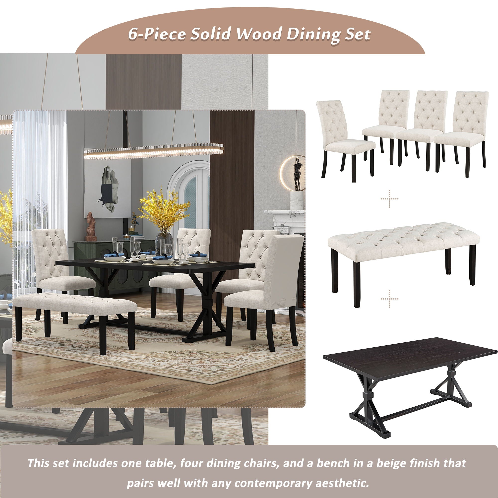 6 Piece Dining Table Set With Rectangular Wood Table, 4 Upholstered Chairs, Bench