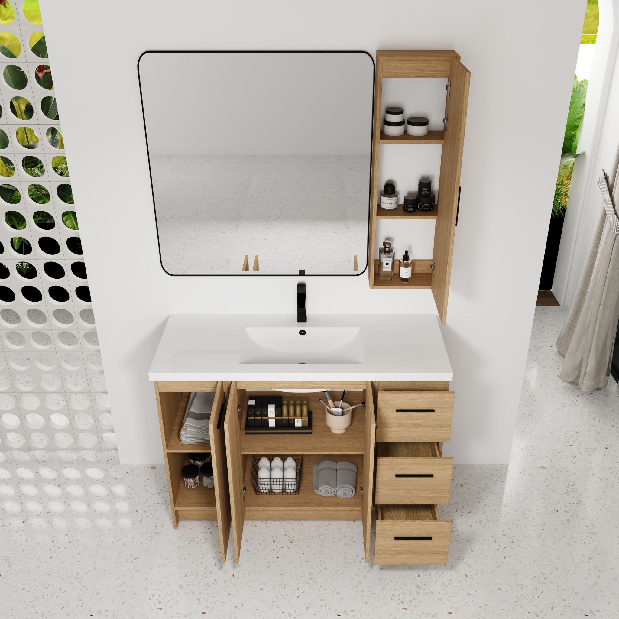 Freestanding Bathroom Vanity Set With Tall Side Cabinet, 3 Drawers And 3 Door Cabinet, Integrated Sink, Large Storage - Glossy White / Light Oak