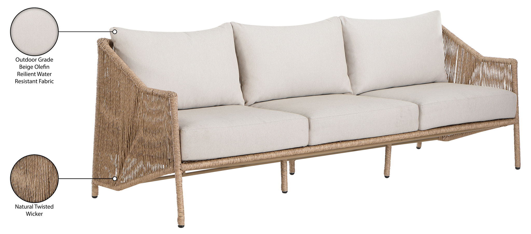 Coastline - Olefin Water Resistant Fabric And Wicker Outdoor Patio Sofa - Beige