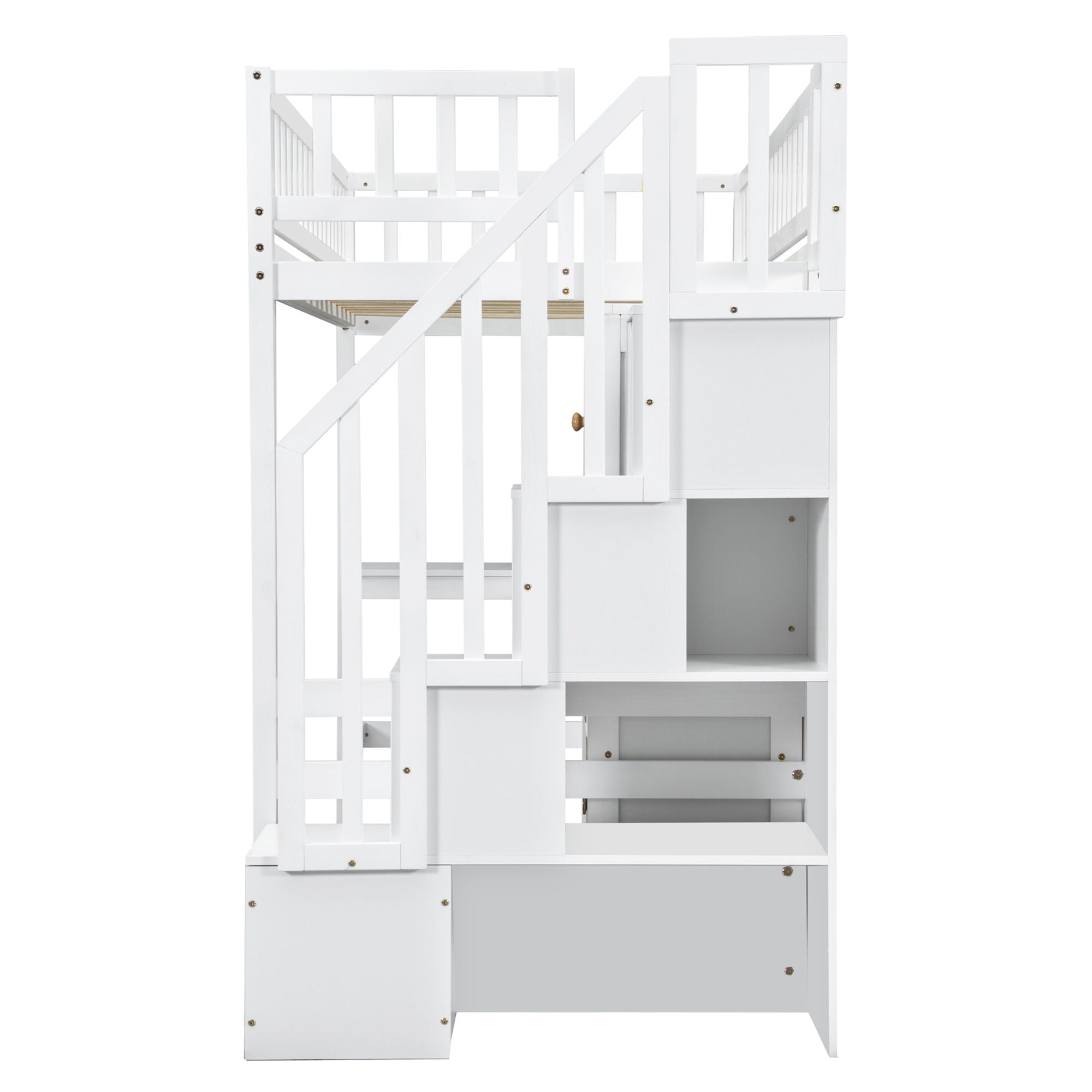 Loft Bed With Built In L Shaped Desk, LED Lights, Storage Shelves, Cabinets, And Staircase