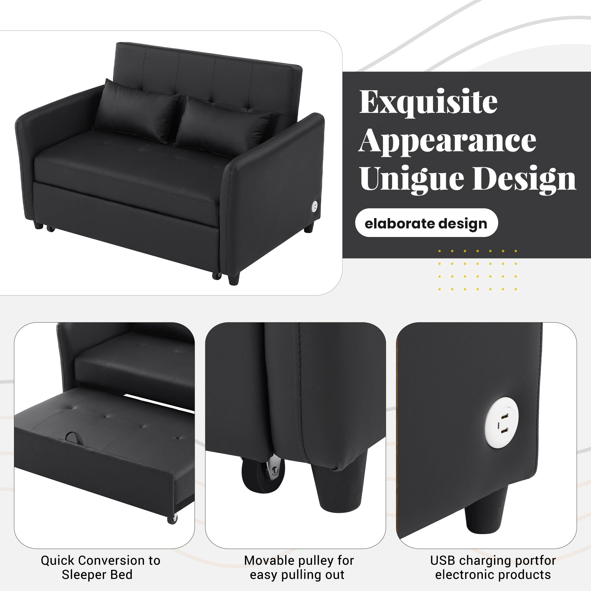 Convertible Sleeper Sofa Bed With 3 USB Ports