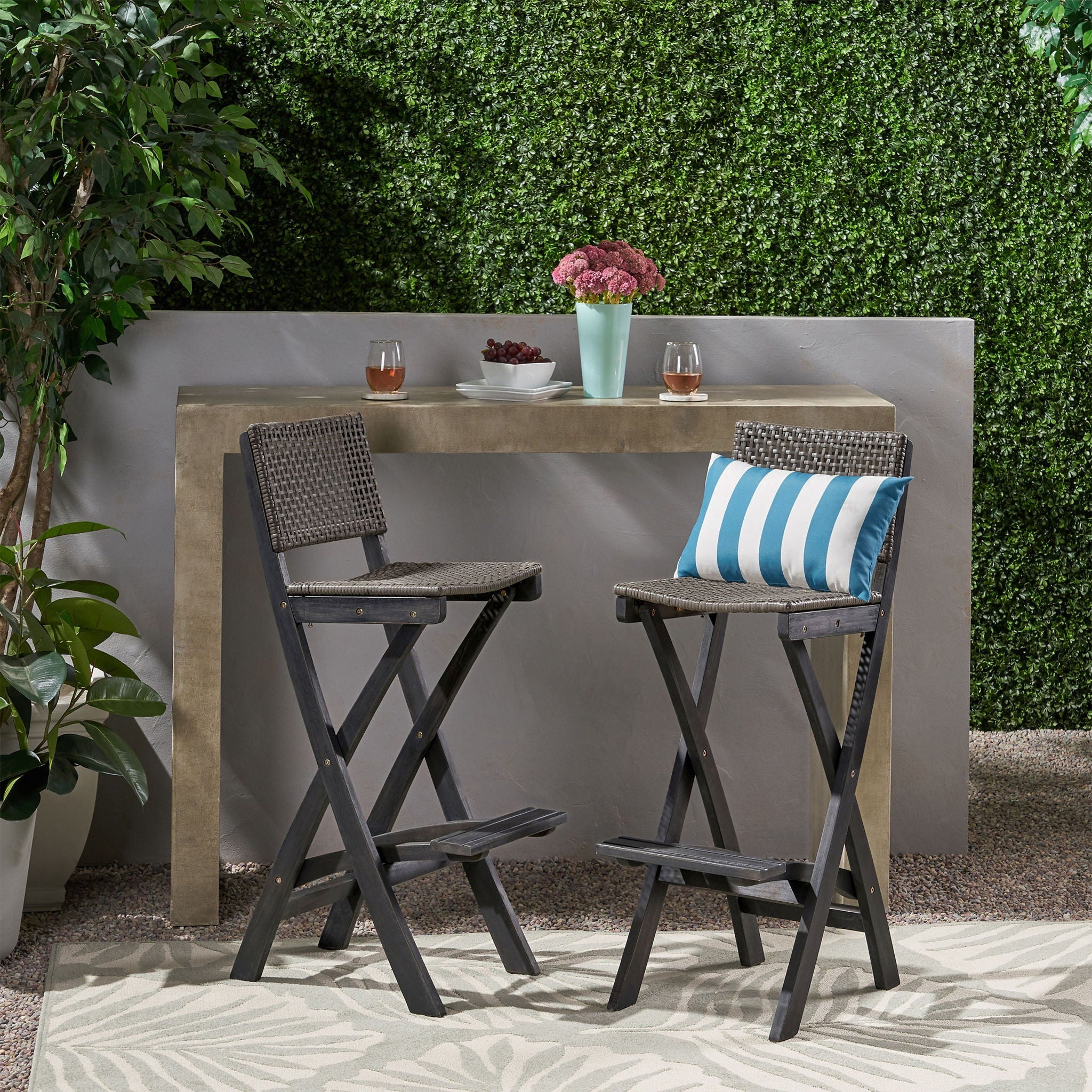 Outdoor Folding Acacia Wood Barstools With Rattan Backrest And Seat, (Set of 2) - Dark Gray