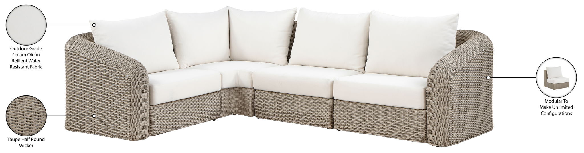 Seacrest - Olefin Water Resistant Fabric And Wicker 4 Piece Outdoor Patio Modular Sectional