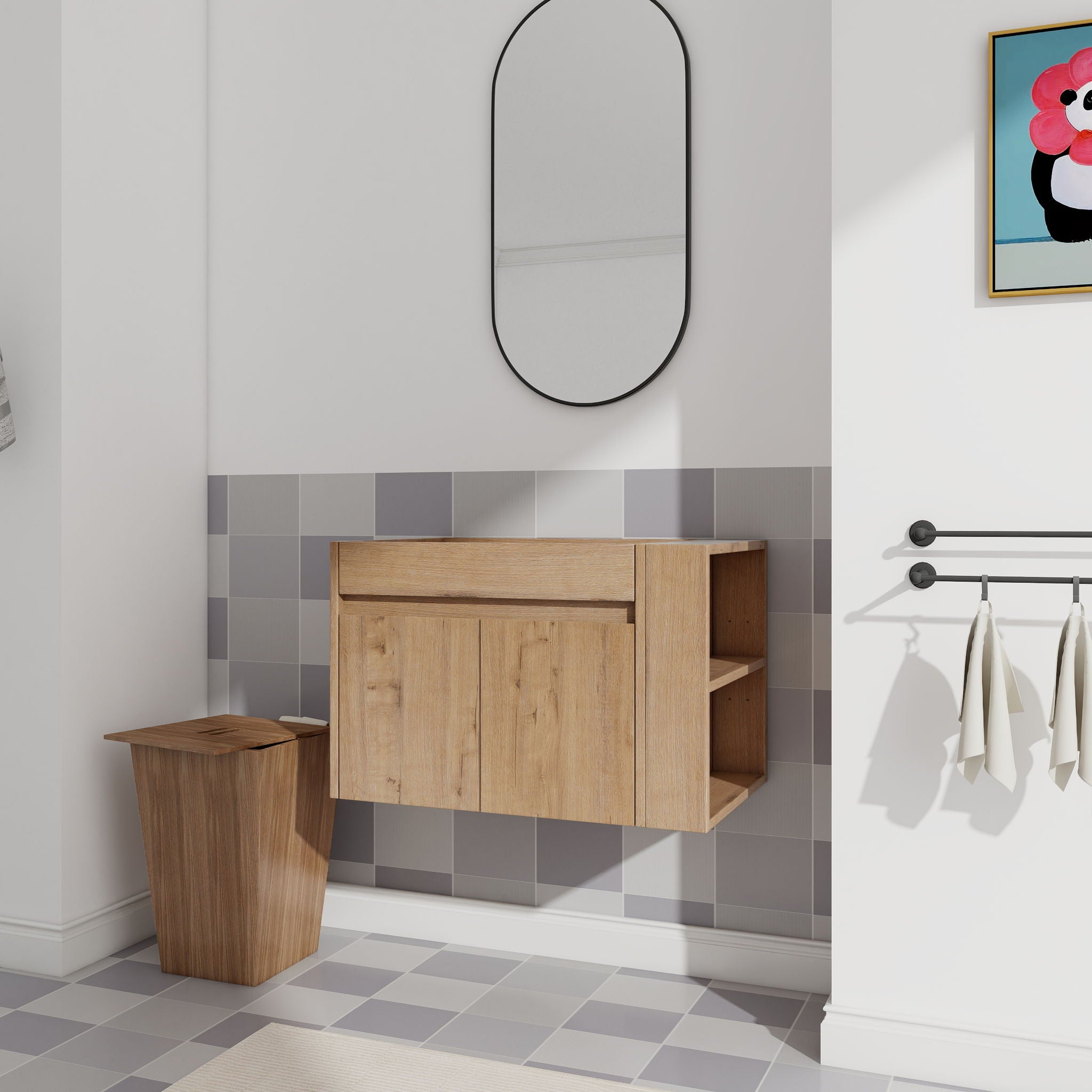 Wall Mounted Bathroom Vanity With Open Shelf, 29" Size (Vanity Only) - Imitative Oak