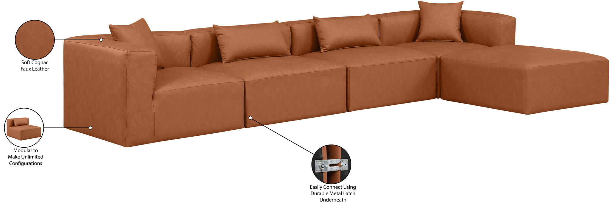 Cube - 5 Piece Modular Sectional With Chaise - Cognac