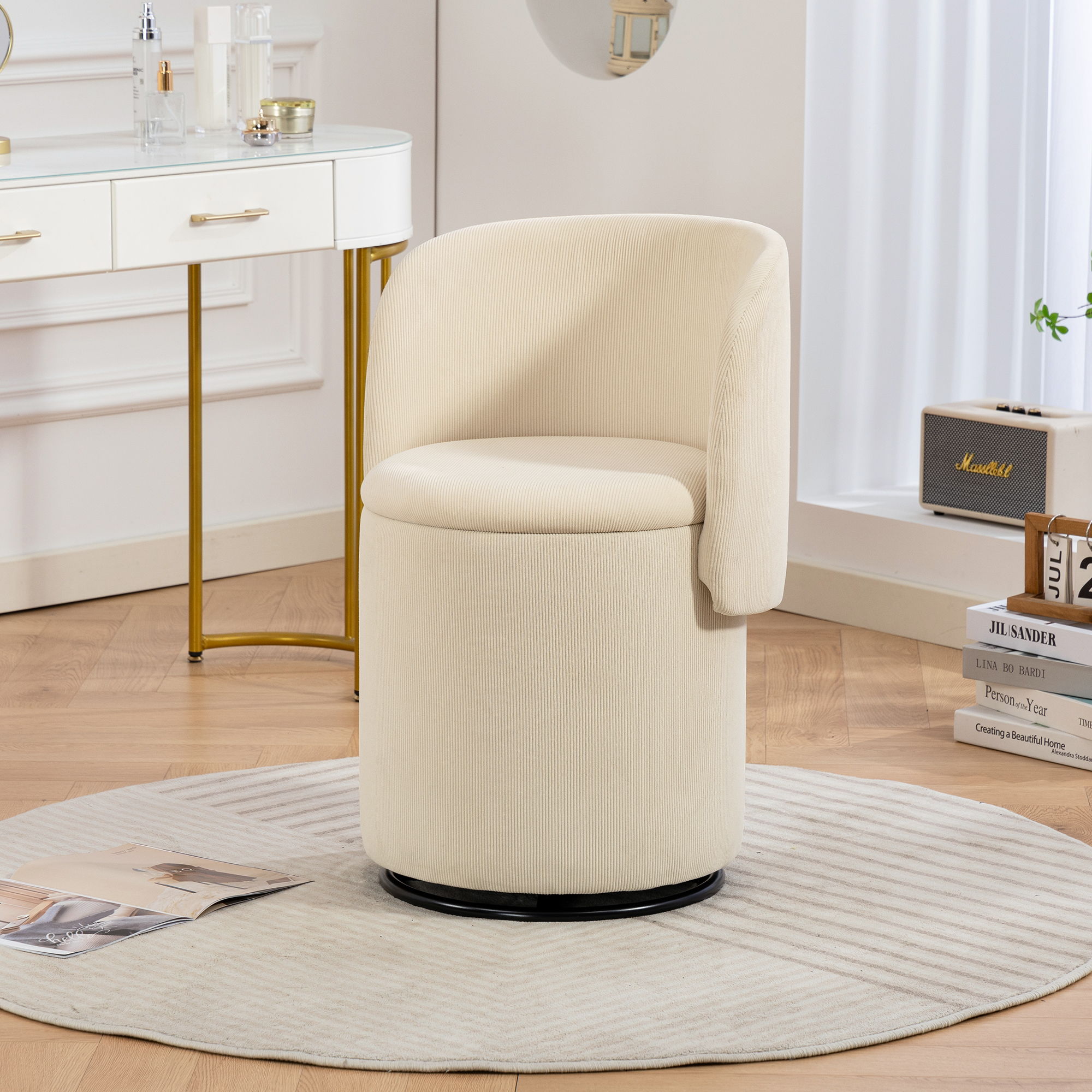 Barrel Chair, Built In Storage, 360° Swivel - Beige