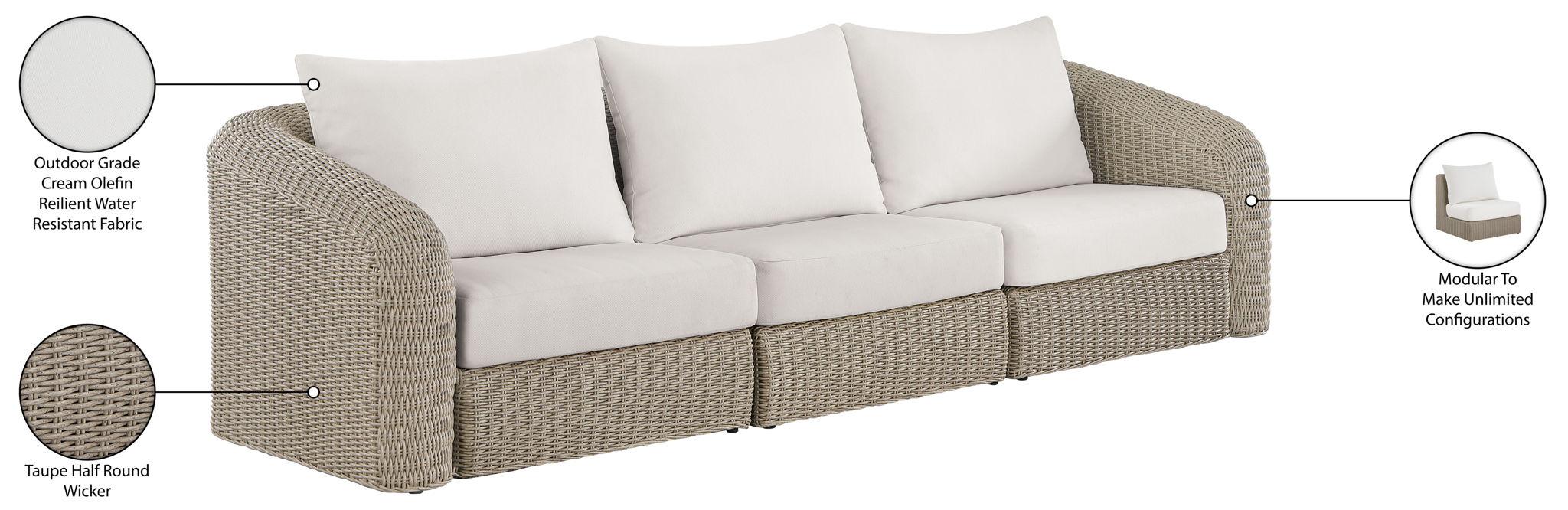 Seacrest - Olefin Water Resistant Fabric And Wicker 3 Piece Outdoor Patio Modular Sofa