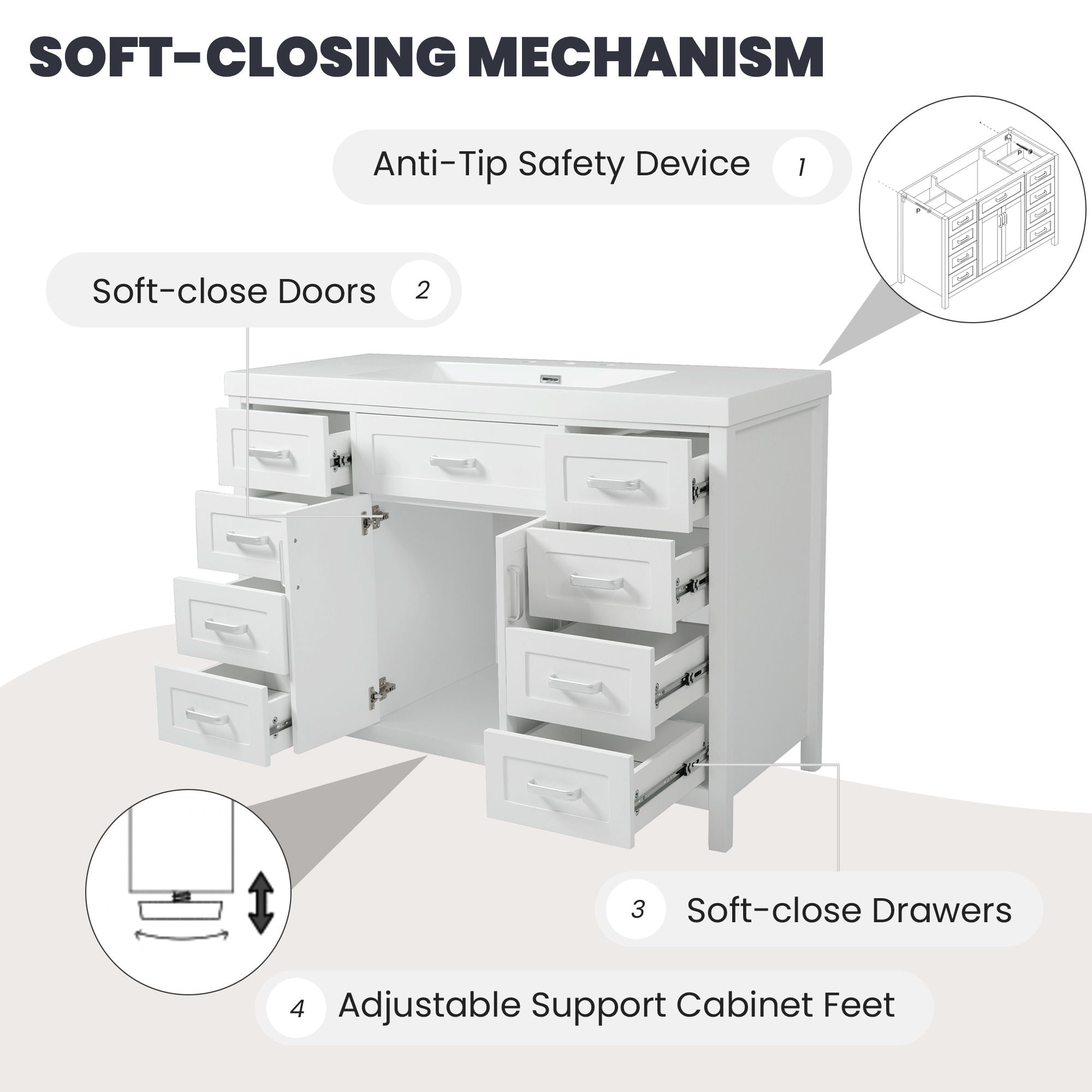Bathroom Vanity Cabinet Only With 2 Soft Close Doors And 8 Drawers - White