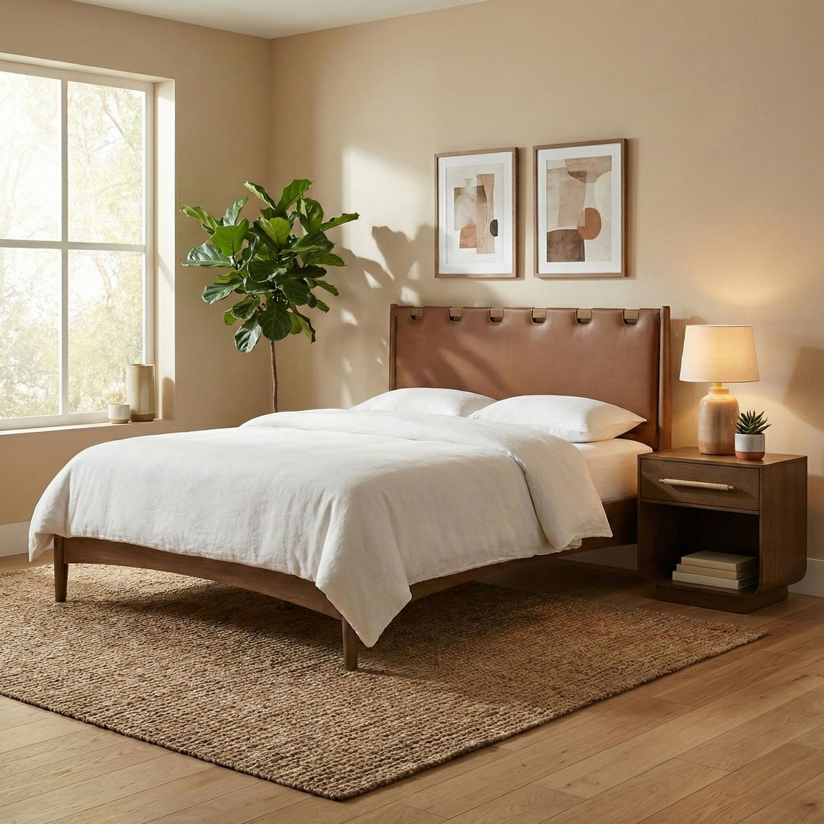 Santos - Vegan Leather Headboard And Wood Bed - Waxed Brown Frame
