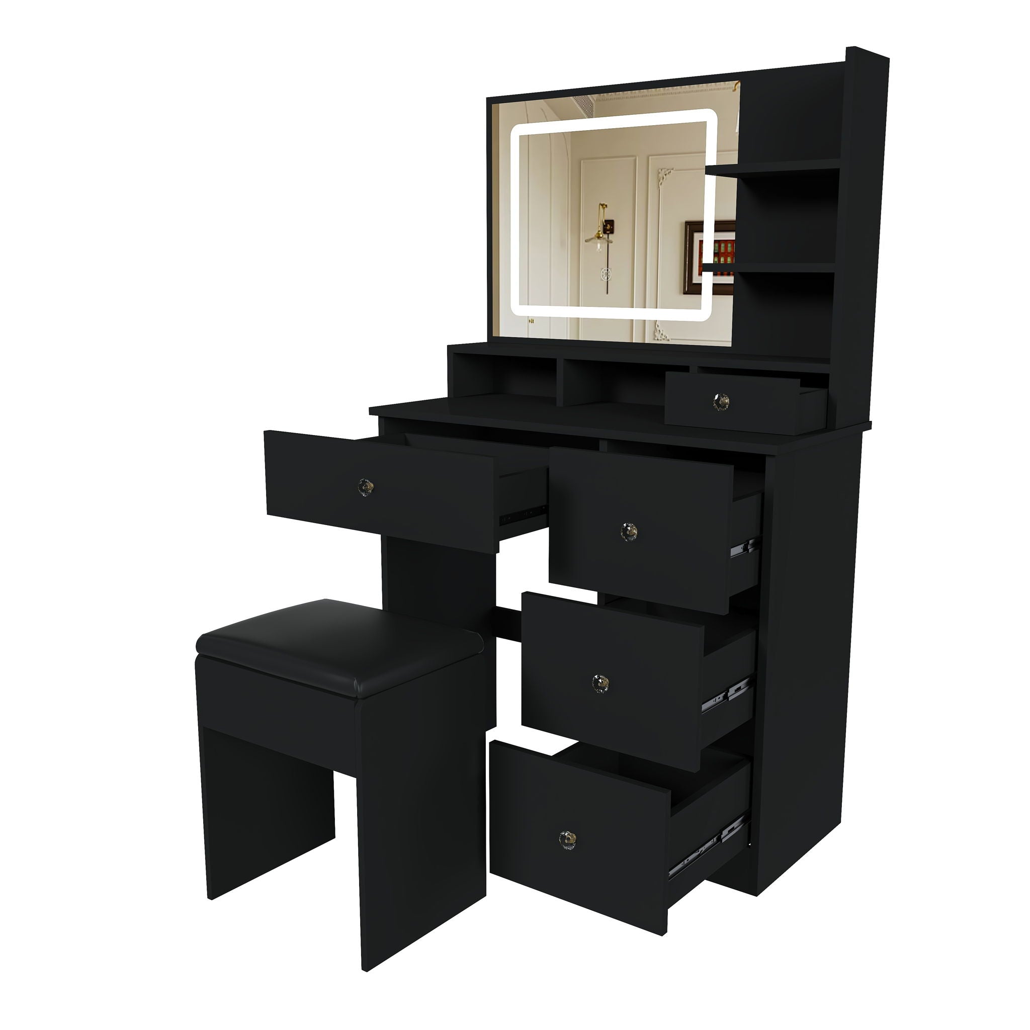 Vanity Desk With Mirror, 3 Color Lighting And Stool