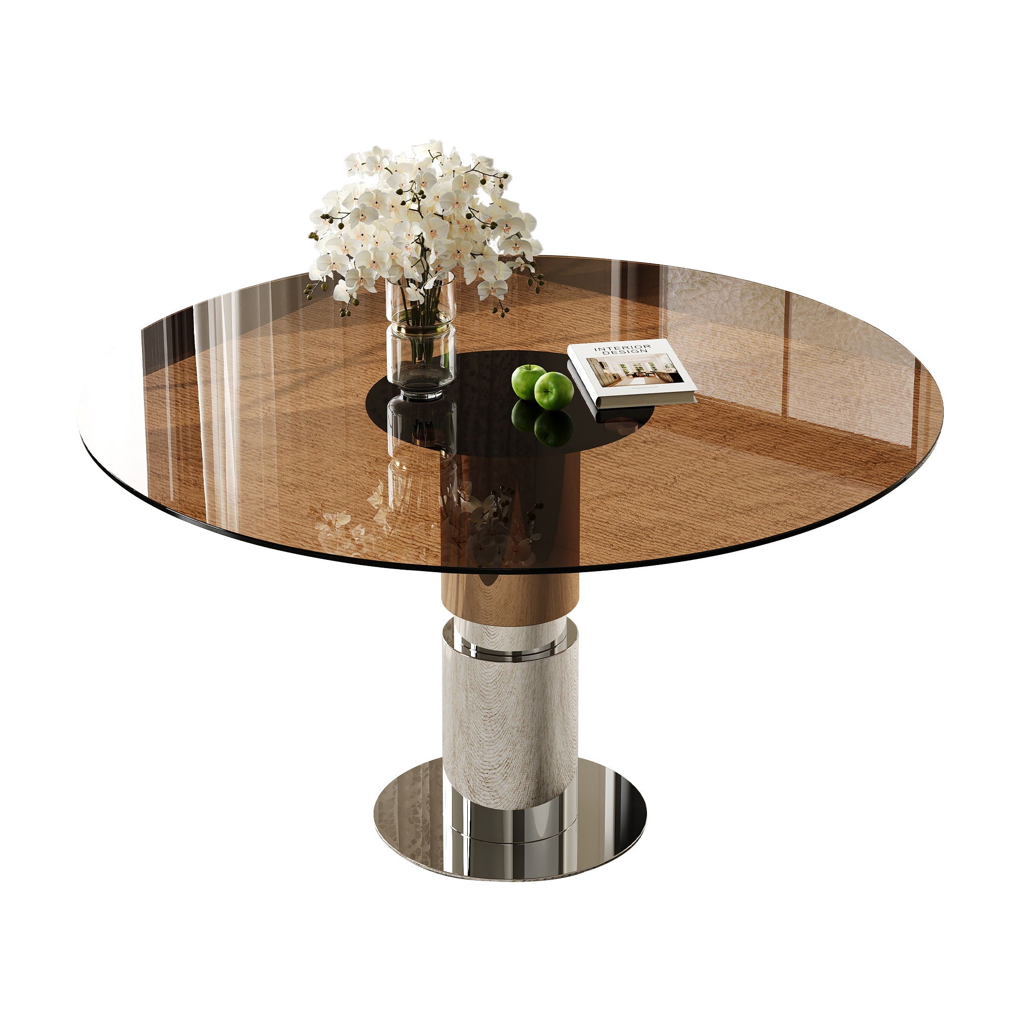 Round Dining Table / Tempered Glass Top - Brown