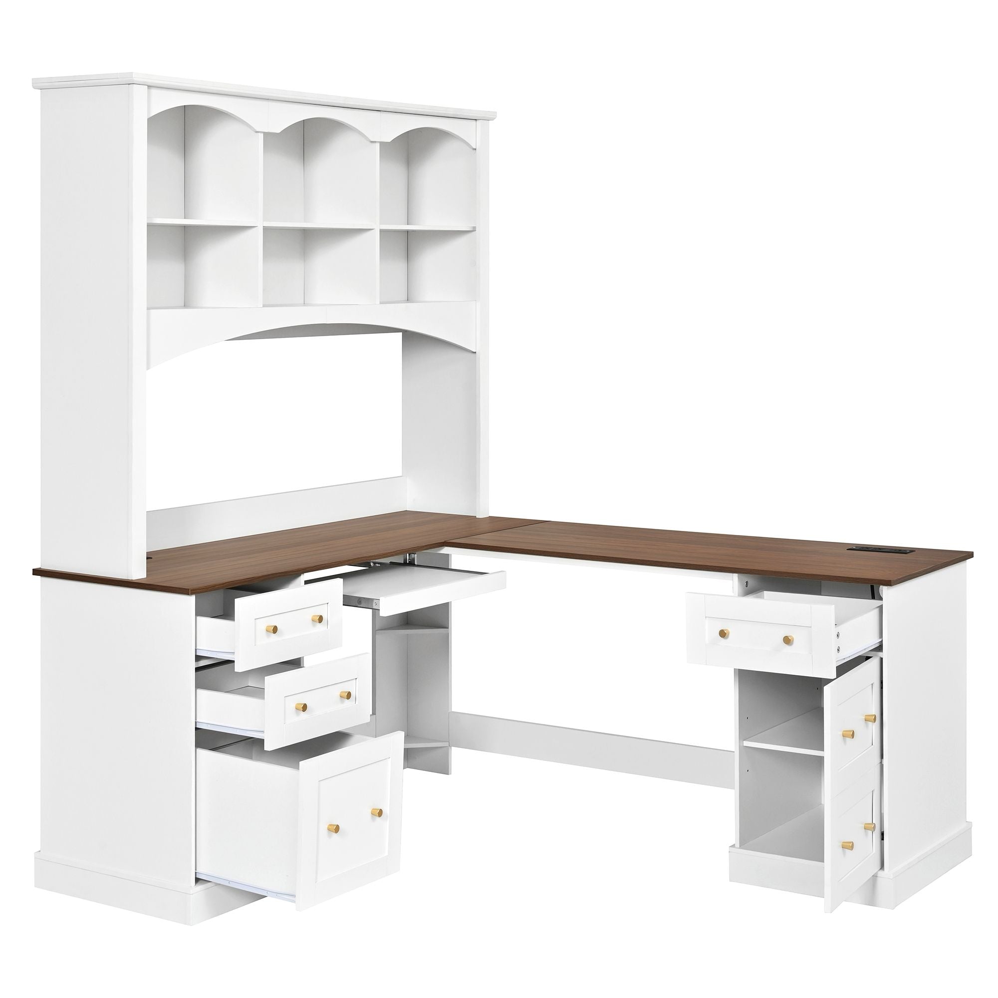 Space Saving L-Shaped Computer Desk With Keyboard Tray & Charging Stations