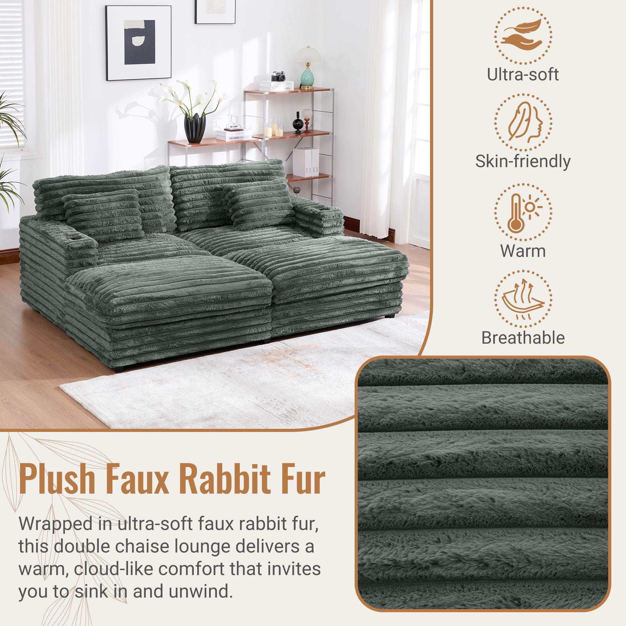 Oversized Double Chaise Lounge Sofa Bed With USB Ports And Cup Holders