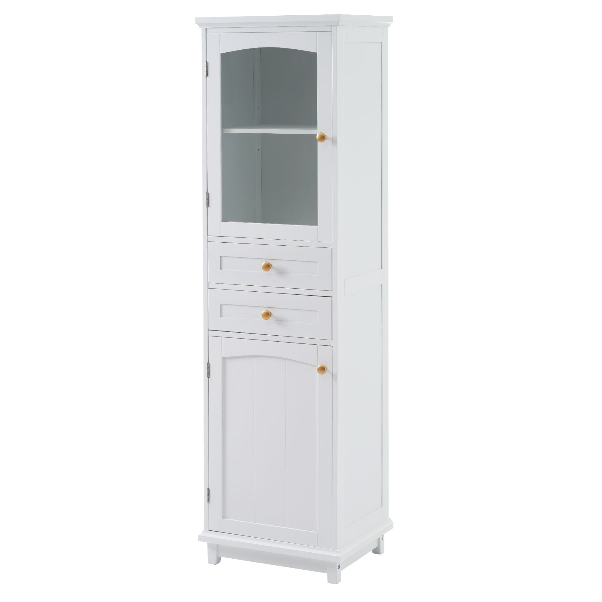 Tall Bathroom Storage Cabinet With Glass Doors, Free-Standing, Two Drawers, And Adjustable Shelves, Board, Painted Perfect For Displaying Your Favorite Items