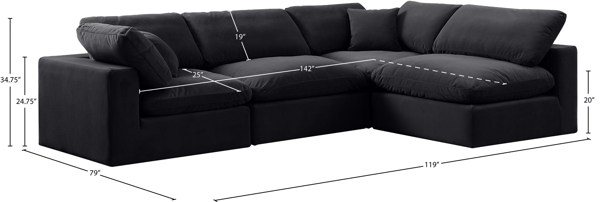 Comfy - 4 Piece Velvet Modular Armless Sectional