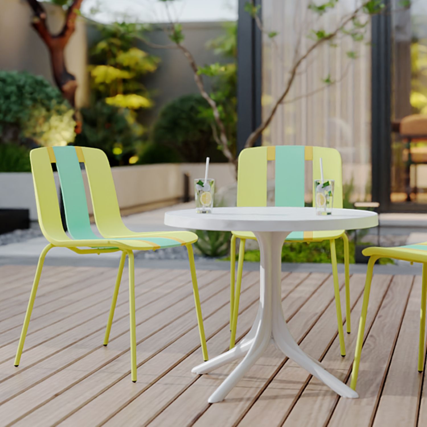 4 Piece Set Of Color Block Designed Single Chairs With Round Table - Grain Yellow / Haze Green / Tropical Orange / White