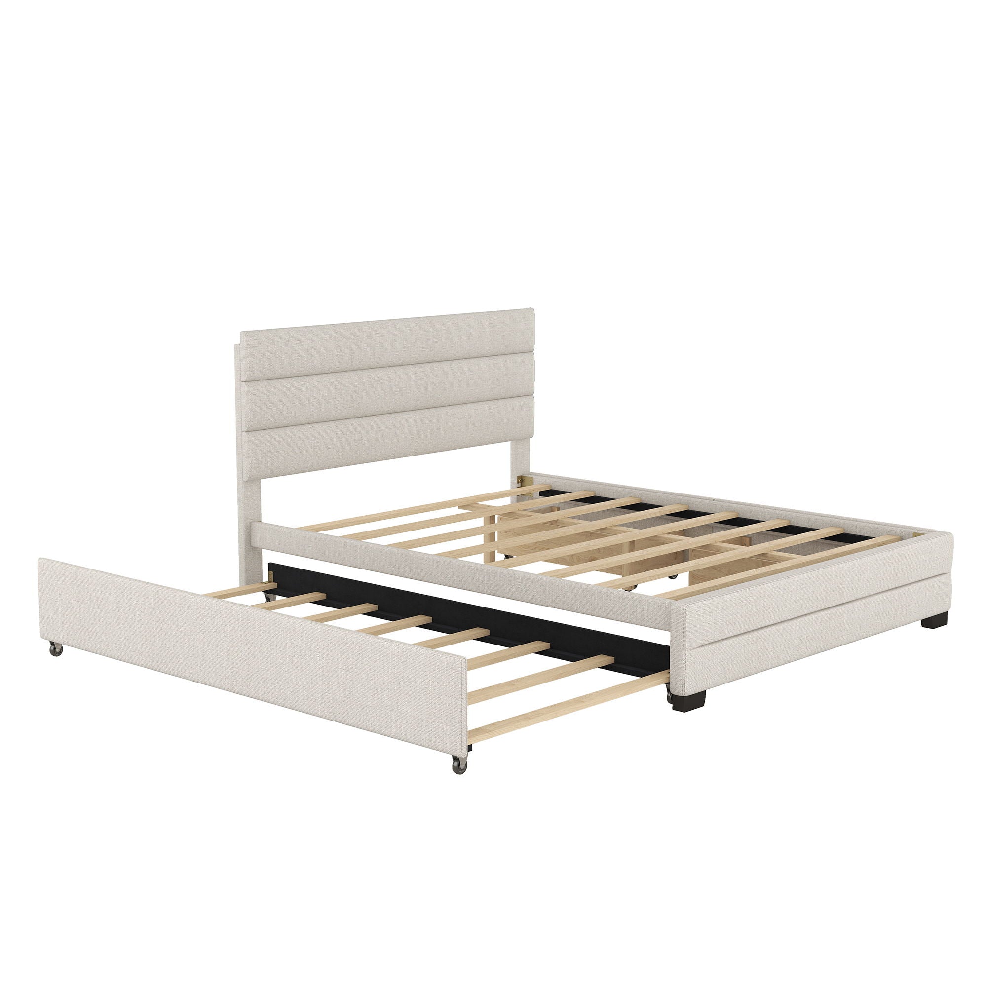 Queen Platform Bed With Twin Trundle And 2 Storage Drawers - Beige