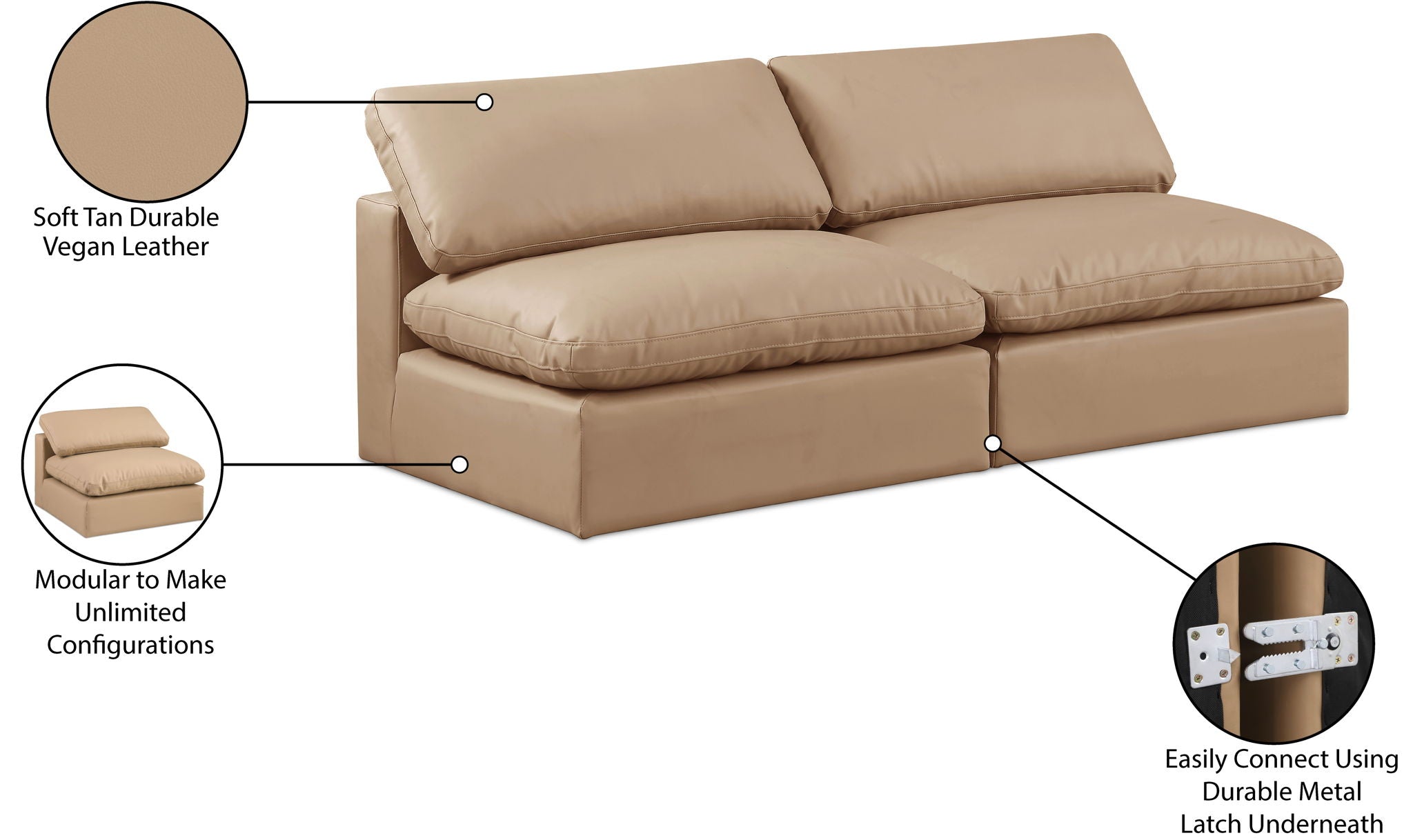 Comfy - Faux Leather Modular Armless Sofa 2 Pieces - Light Brown