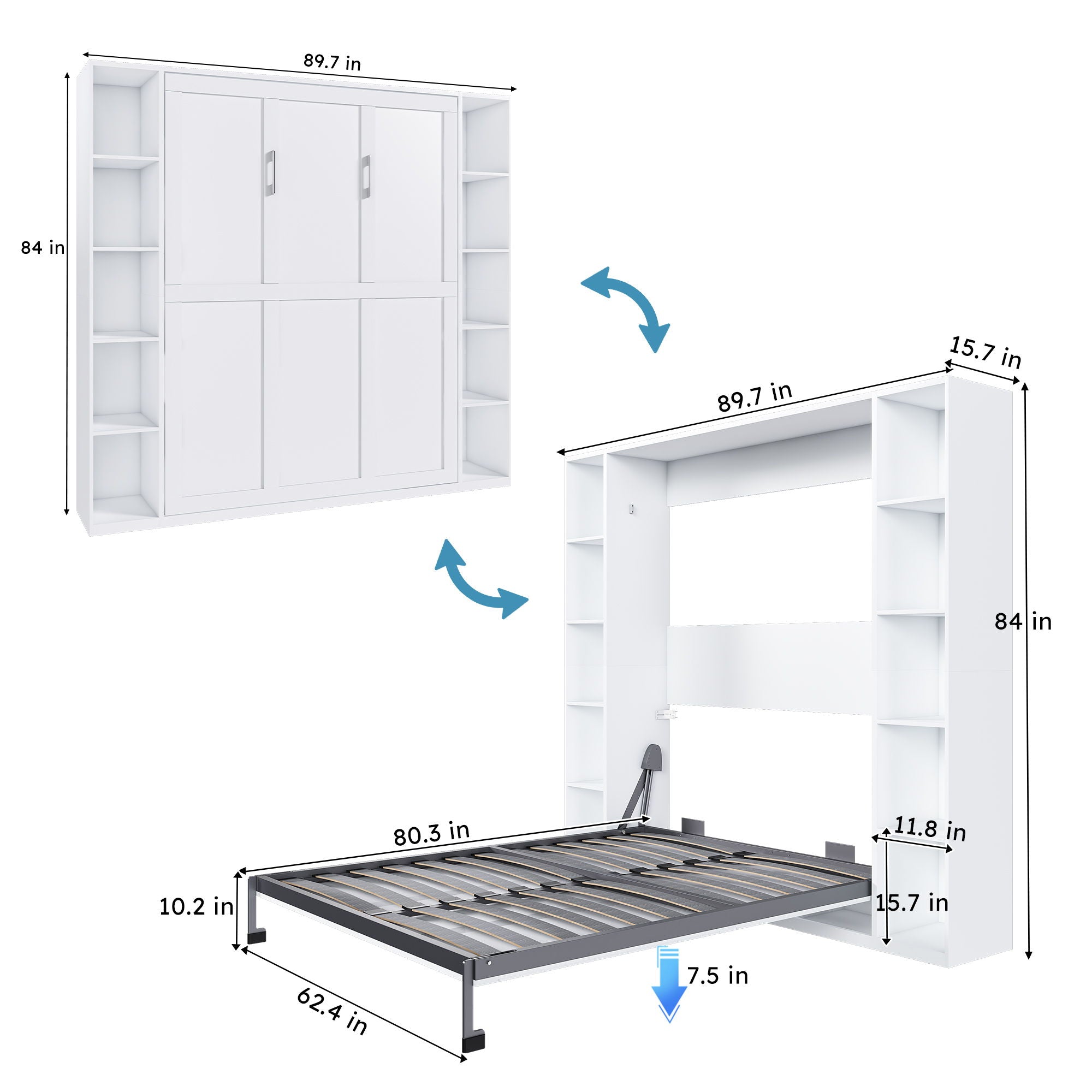 Queen Murphy Bed With Storage Cabinet, Foldable Wall Bed For Bedrooms - White
