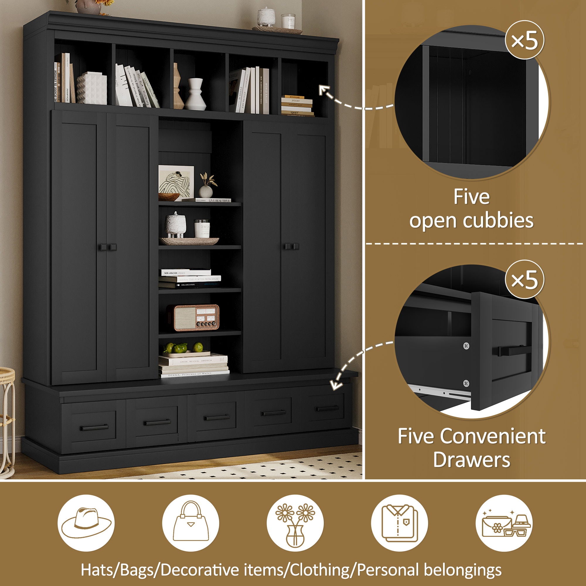 Hall Tree & Bench And 5 Storage Cubbies