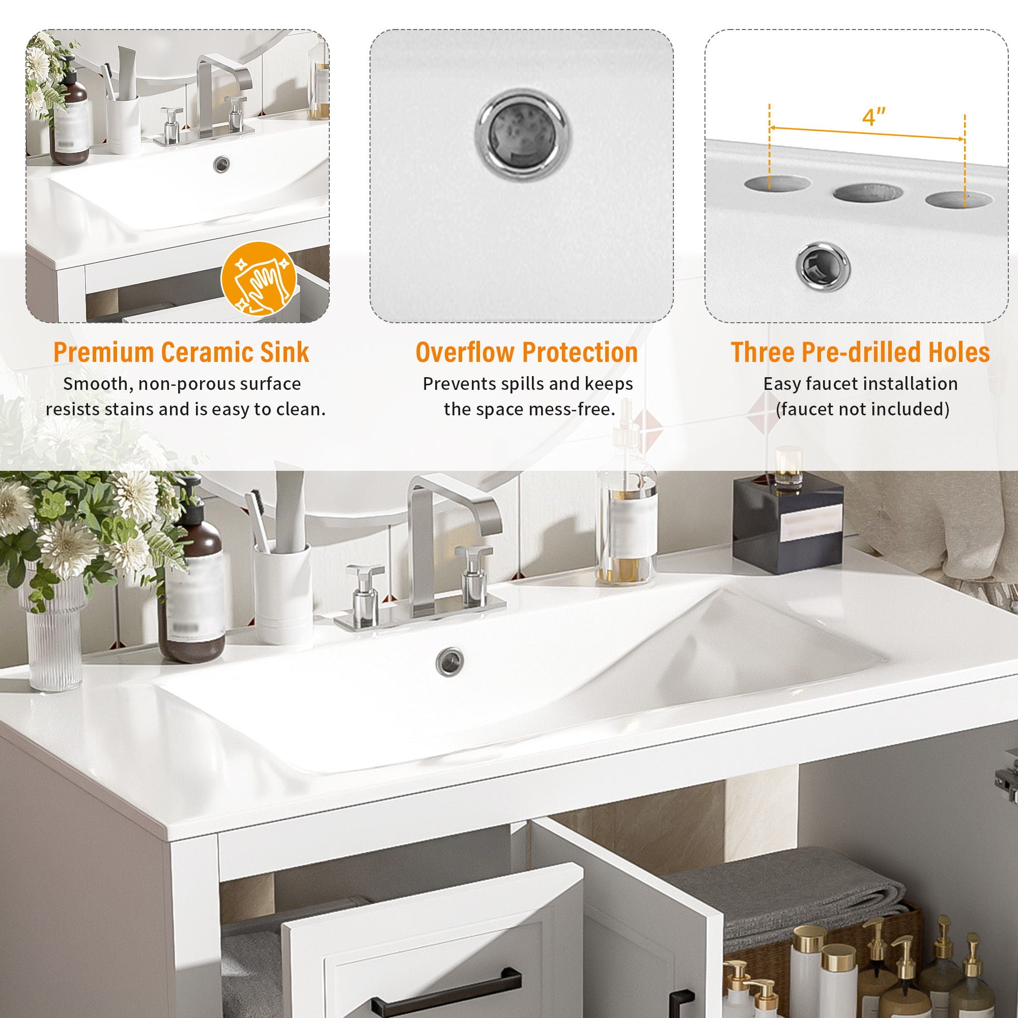 Bathroom Vanity With Sink, Soft Close Doors, Adjustable Shelf & 3 Drawers