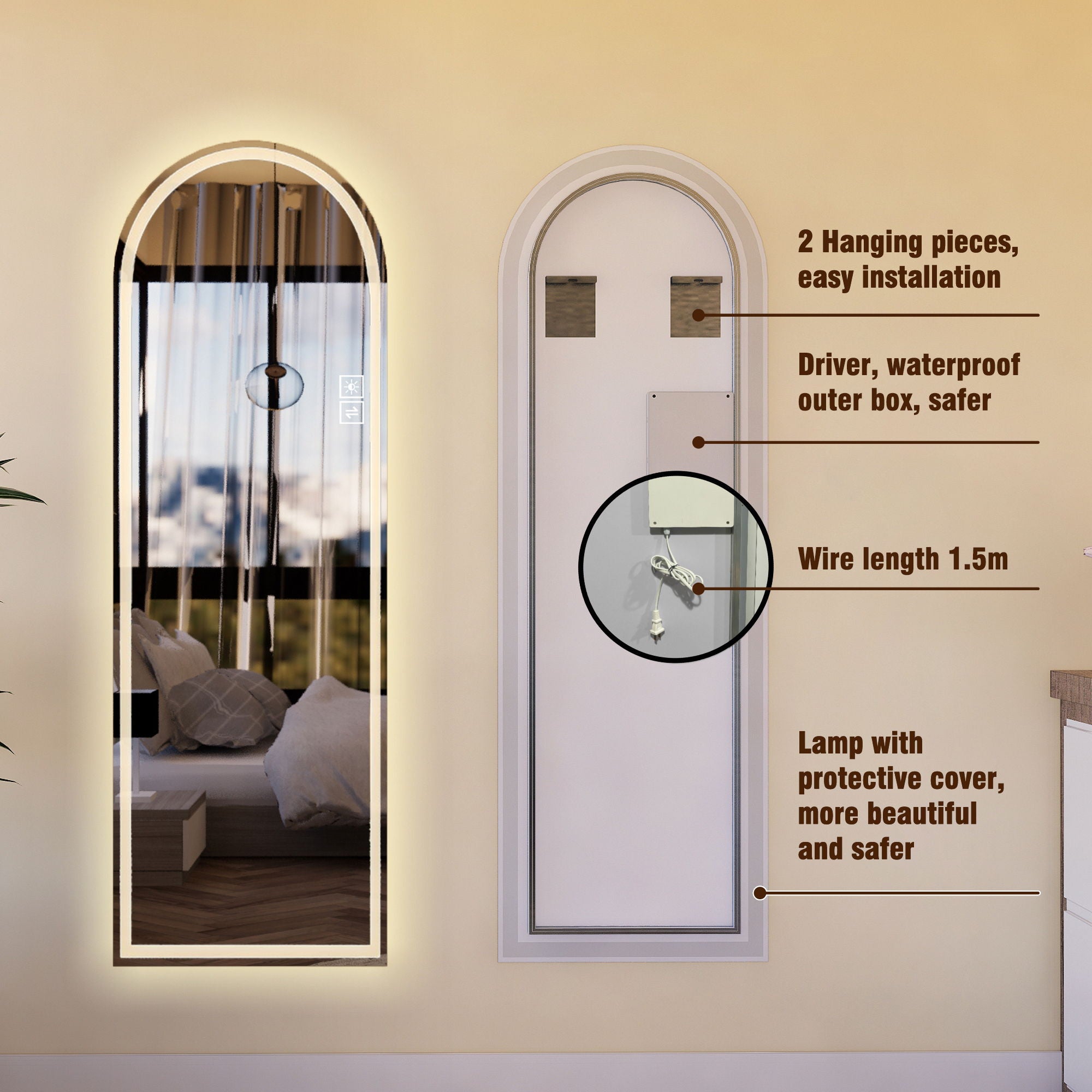 Arch Design LED Full Length Mirror, Dimmable, High Definition, Explosion Proof, 65" X 21" - Silver