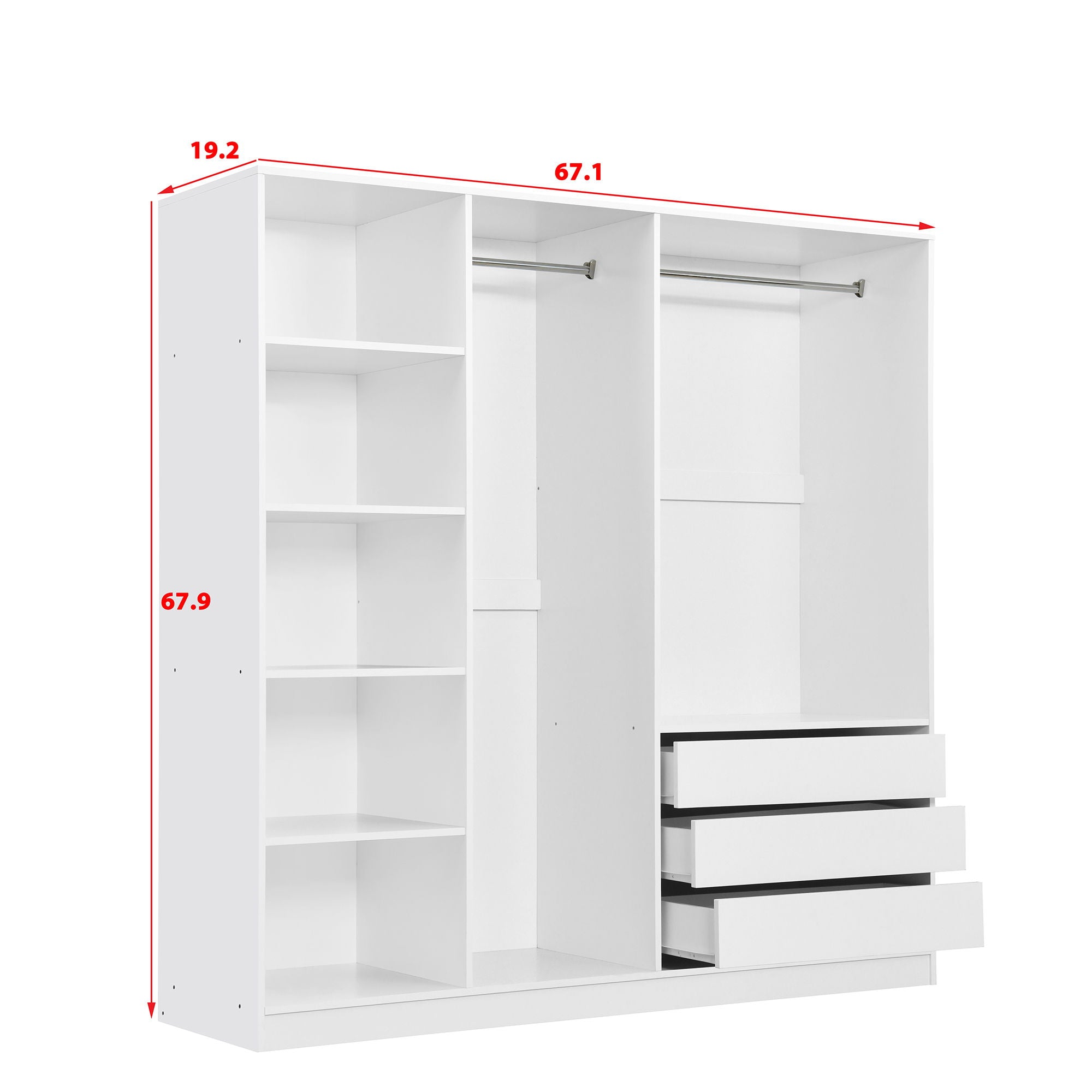 Doorless Storage Wardrobe For Dedroom With Shelves And 3 Drawers - White