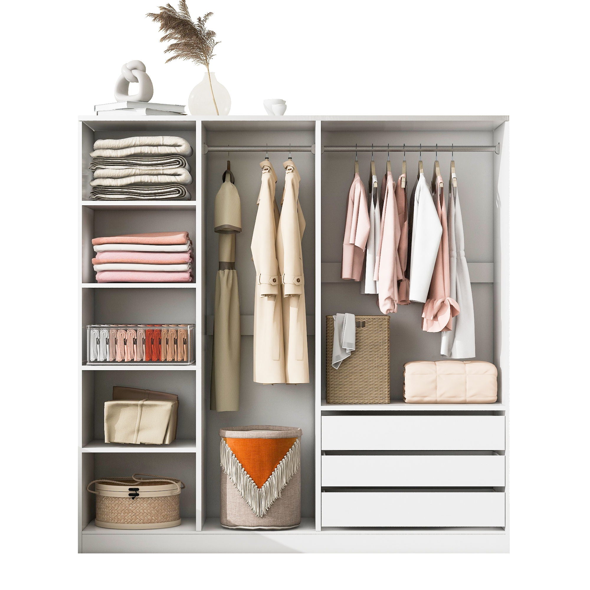 Doorless Storage Wardrobe For Dedroom With Shelves And 3 Drawers - White