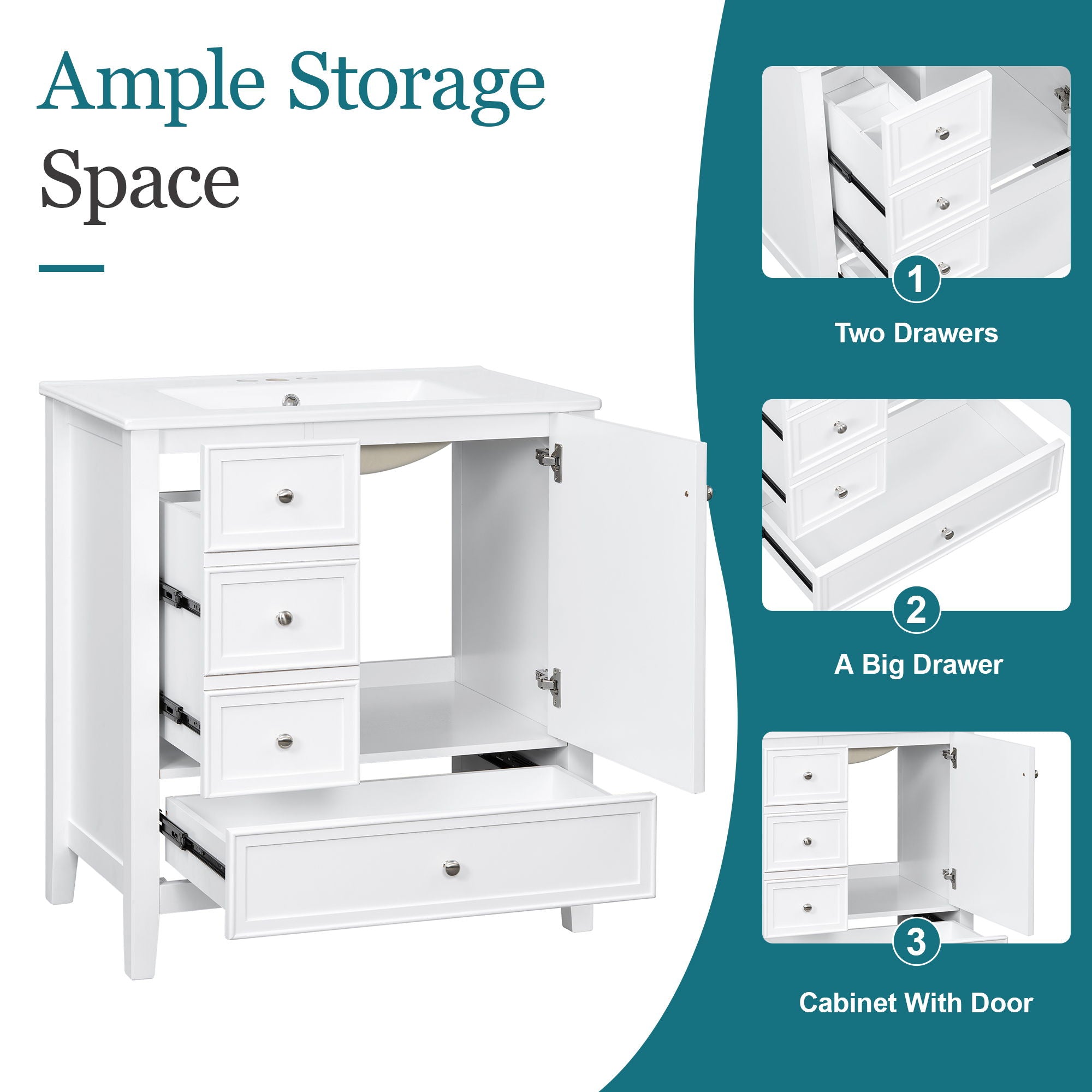 Modern Bathroom Vanity With Sink, 1 Cabinet & 3 Drawers