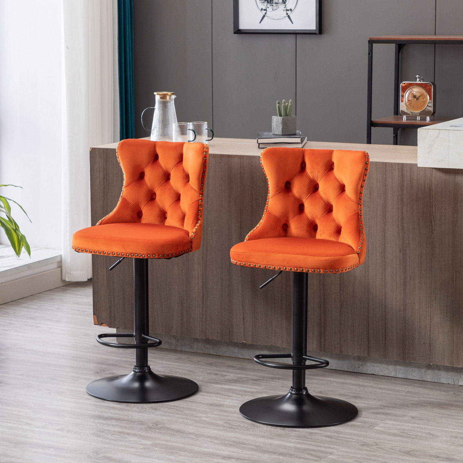 Swivel Barstools Adjusatble Seat Height, Modern Upholstered Bar Stools With Backs Comfortable Tufted For Home Pub And Kitchen Island (Set of 2)