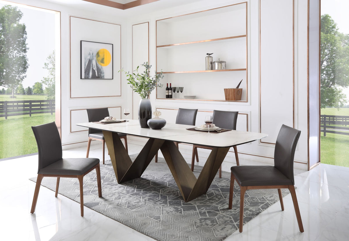 Melanie - Modern White Ceramic & Brushed Brown Dining Table