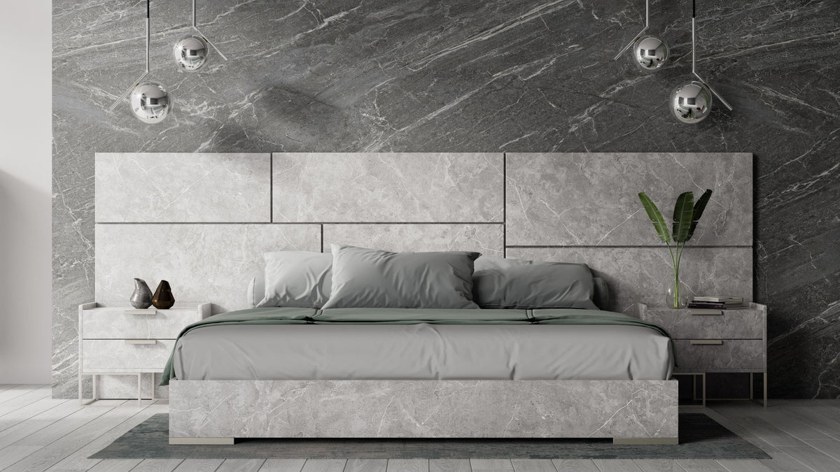 Queen Size Marbella - Italian Modern Grey Marble Bed w/ 2 Nightstands
